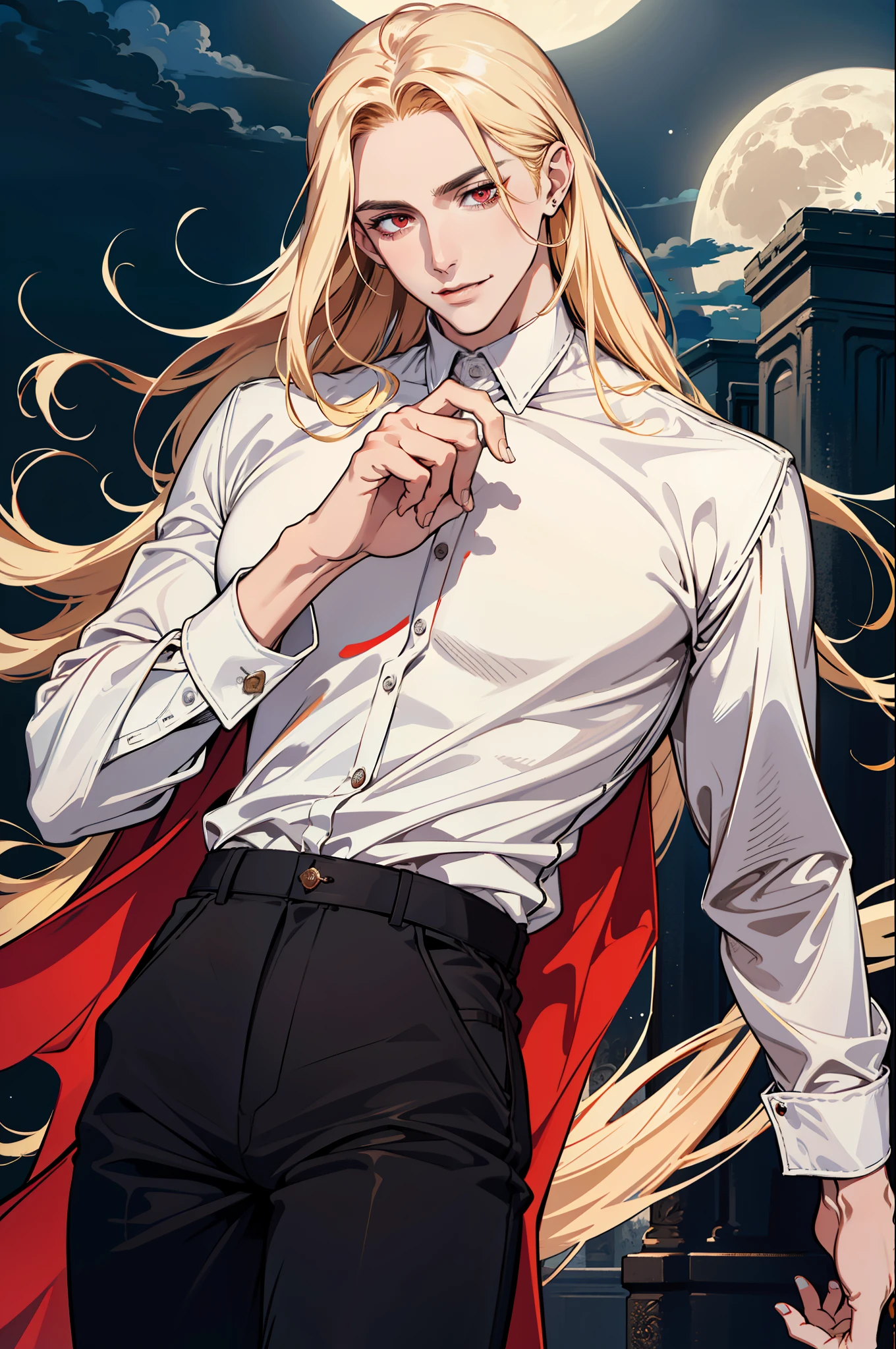 (absurdres, highres, ultra detailed), 1man, 30 years old man, adult man, handsome, tall,, finely detailed eyes and detailed face, leather pants, (((white shirt))), night, smile, dutch angle, ((long hair, blonde hair)), moon, gold details, gothic, vampire, vampire prince, dark, simple clothes, looking at the view, pale skin, red detailed eyes, (masculine), sexy, elegant, long bangs, detailed hands, (((red eyes)))