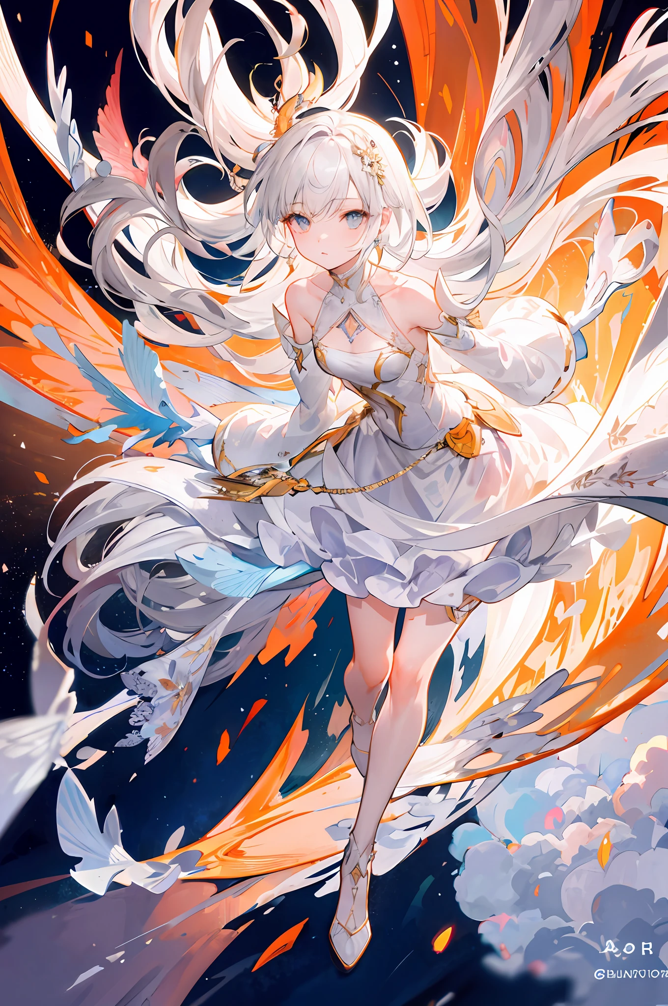 (Best illumination, An extremely delicate and beautiful), Clouds, mid afternoon, Orange sky, 1girll, (full body:1.2), White dress, Look up, Highly detailed, Beautiful detailed eyes, White hair