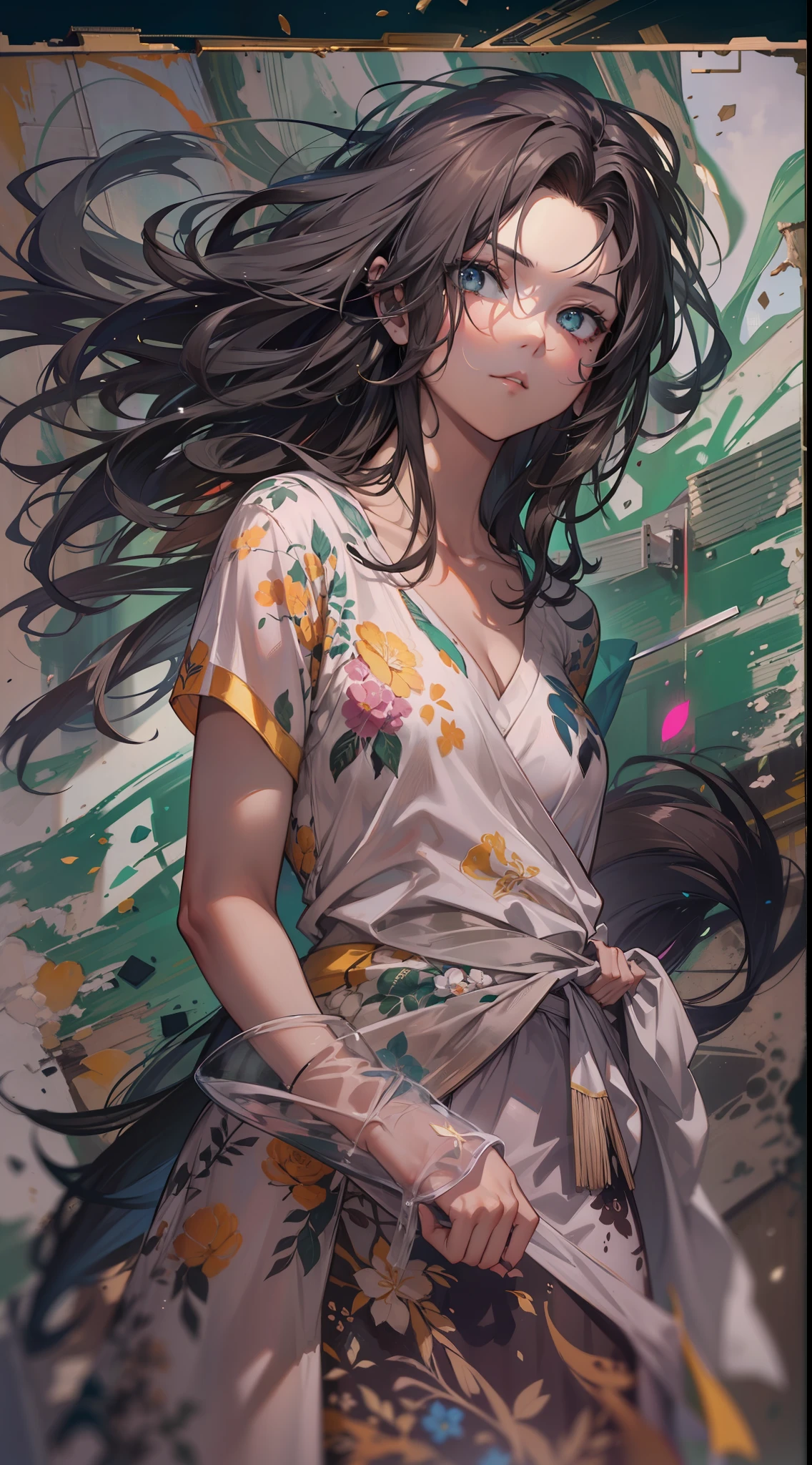 mulher bonita com cabelo longo ultra detalhado, (fundo bonito e claro: 1.2),, fantastic paintings, estilo graffit, flores, olhos altamente detalhados, uma camiseta ou vestido com uma blusa branca por baixo, position, com cabelo preto longo, vitrais coloridos, Fantastic paintings by Joe Madureira, alta qualidade, foto, arte adesivo, mulher bonita carol nakamura com cabelo longo, liberdade, alma, digital illustation, comiс style, anatomia perfeita, centrada, Approaching perfection, dynamics, altamente detalhada, pintura em aquarela, artstation, arte conceitual, suave, foco nítido, illustration, arte por carne griffiths e wadim kashin,,pose de menina anime sozinha, cabelo pastel curto, heterocromia, anatomia perfeita, centrada, Approaching perfection, dynamics, altamente detalhada, folha de caracteres, artstation, arte conceitual, suave, foco nítido, illustration, arte por kim jung gi,, Artgerm, carne Griffiths e Wadim Kashin , Sasha Yakovleva, Loish, Jeremy Mann, corpo inteiro tiro vestidos festa, folha de personagem, Lightningwave, bela pintura em aquarela anime, tinta pingando por Tim Okamura, Victor Nizovtsev, Greg Rutkowski, Noah Bradley. trending in artstation, 8k, obra-prima, pintura graffiti, detalhe fino, cheio de cor, detalhe intrincado, Golden aspect ratio illustration, monochrome green background, obra-prima, melhor qualidade, alta qualidade, highres, melhor qualidade, high resolution fix, bright amazing lighting, aprimoramento de detalhes, aprimoramento de detalhes, various movements and pose, melhor qualidade, alta qualidade, highres, aprimoramento de detalhes, 4k, obra-prima, highres, absurdres, Natural volumetric lighting and better shadows, profundidade de campo profunda, foco nítido