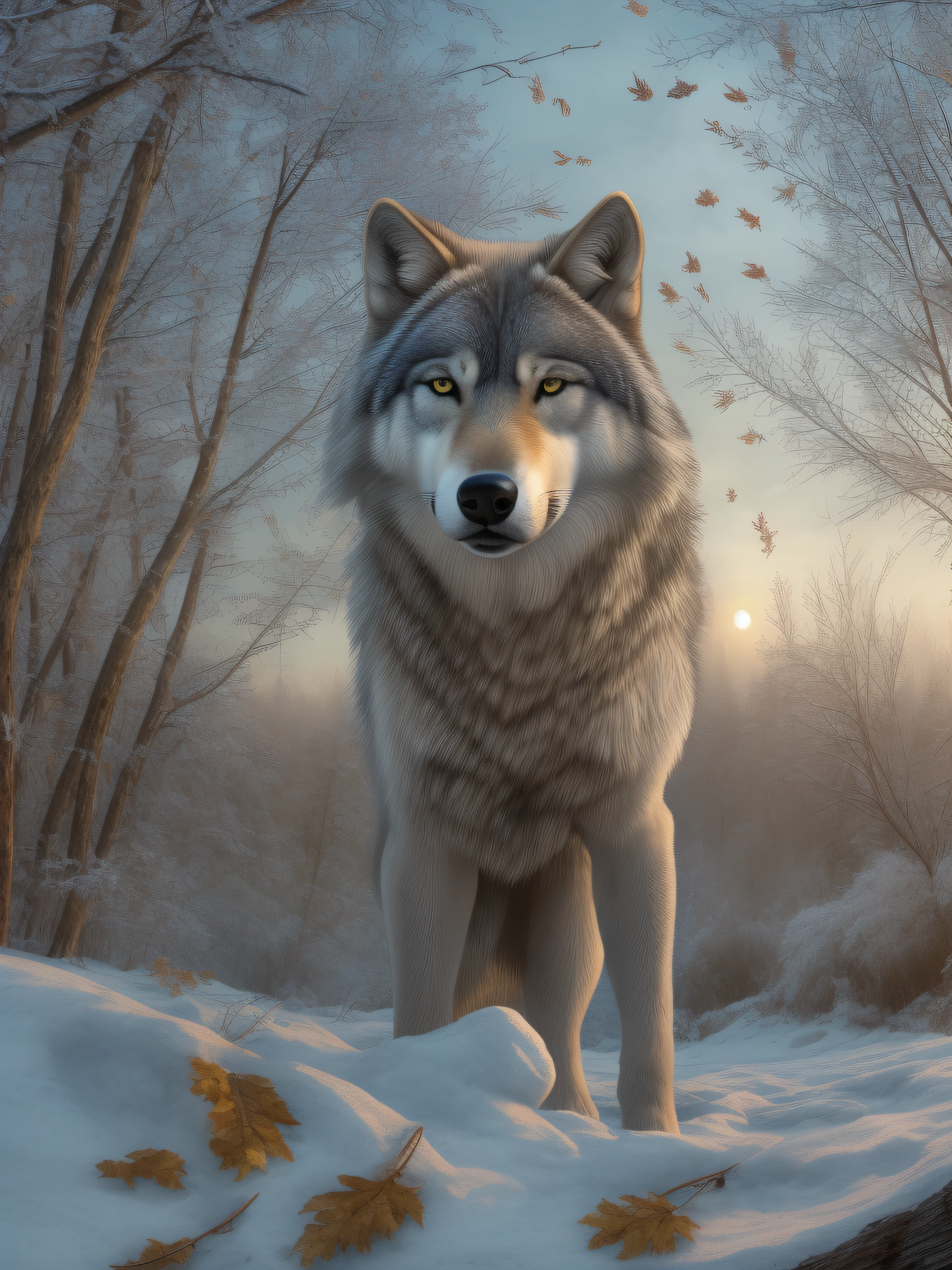 a panorama Looking straight at the camera photo of Stupid Winter Wolf, at dawn during autumn, in the style of Primitivism and Nostalgiacore, trending on Behance HD, overwrought, classic, post-apocalypticpunk, furry, eye strain, dystopian, microscopic, high quality, detailed, masterpiece, best quality, highres, extremely detailed, 8k, NSFW:0.5