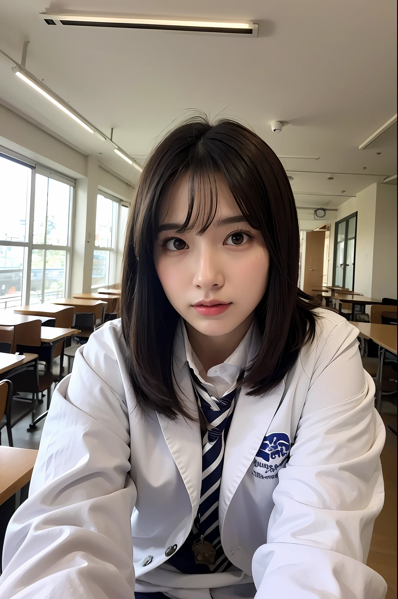 (corpo altamente detalhado, rosto altamente detalhado, melhor qualidade: 1.2), uma mulher, olhar para o espectador,(fundo sala de aula: 1.4)cabelo amarrado,colar, beijinho,corpo inteiro,cabelo detalhado,olhos detalhado,pele detalhada, Buchecha rosa, detalhes,,cabelo flutuante,corpo inteiro,solo,feliz, andando,neve,detalhes,school girl, uniforme de escola, it came out short,sala de aula,sentada em uma cadeira, pernas detalhadas,corpo detalhado,