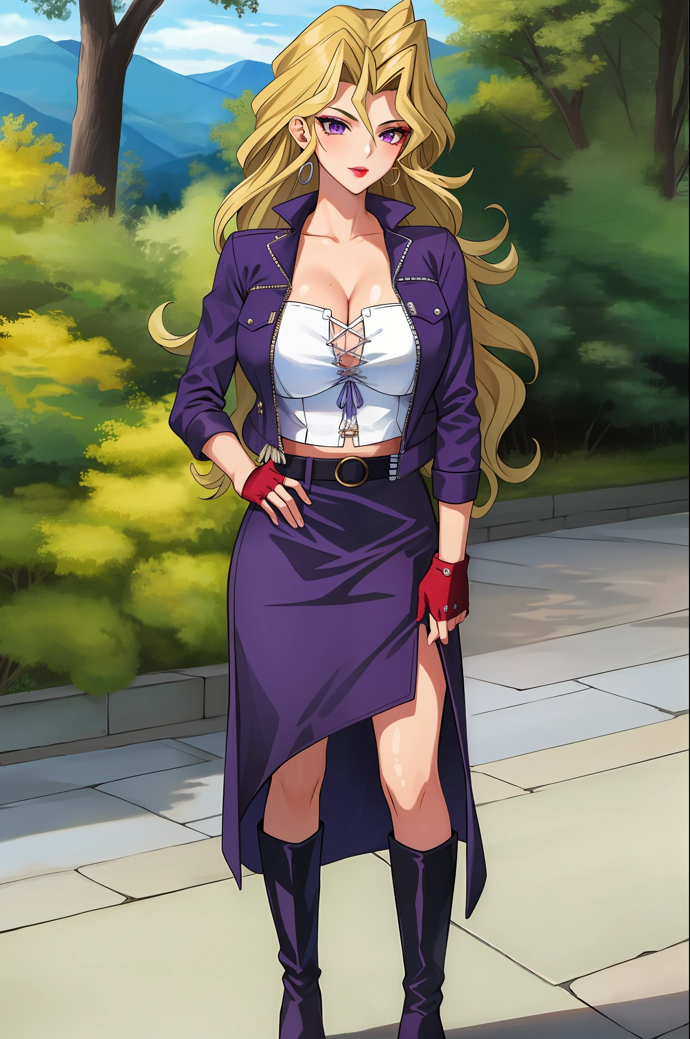 (masterpiece, best quality), intricate details
1girl, mai valentine, long hair, blonde hair, jewelry, purple eyes, earrings, makeup, lipstick, red fingerless gloves, purple jacket, white bustier, purple skirt, black belt, black boots, huge breasts