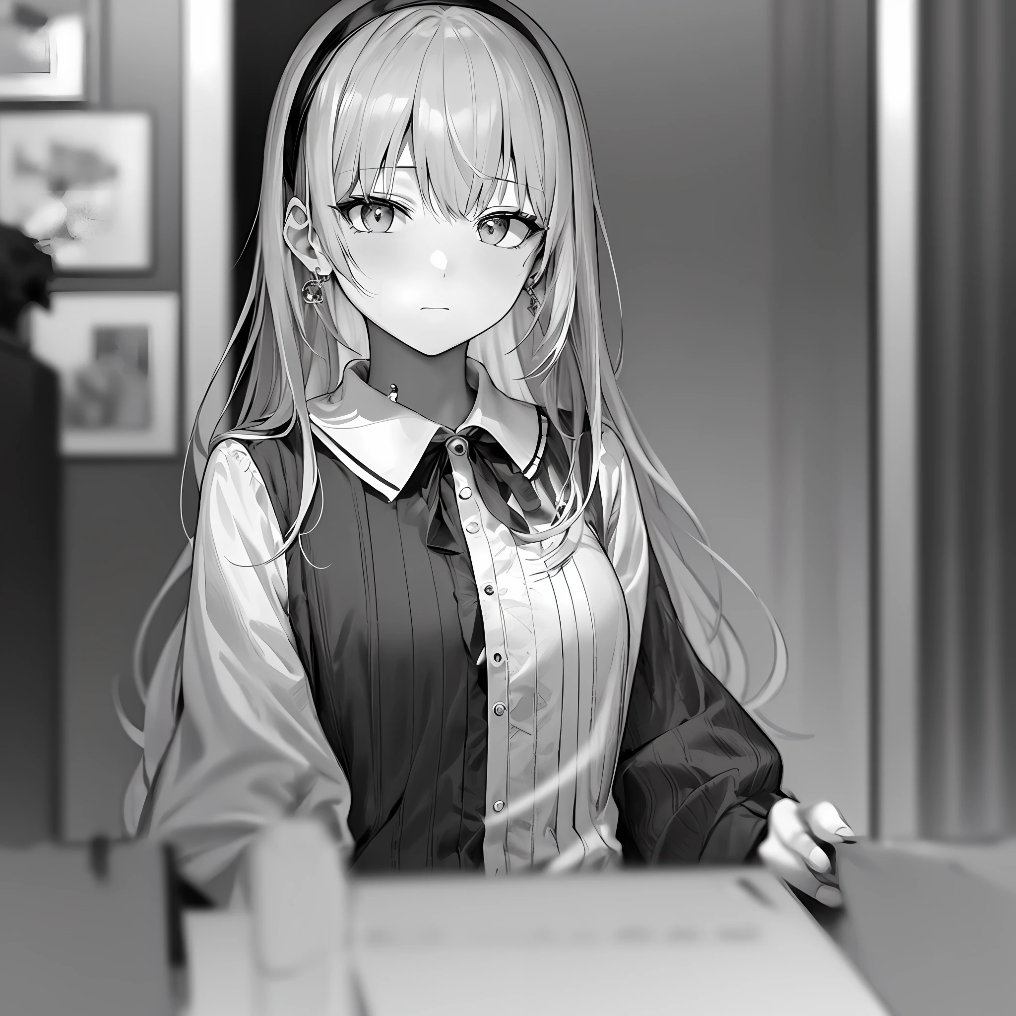 (masterpiece), (best quality),1girl, artist_name, bangs, blurry, blurry_background, bokeh, closed_mouth, collared_shirt, depth_of_field, earrings, grey_eyes, hairband, jewelry, long_hair, looking_at_viewer, smoke, solo, wing_collar,monochrome, lineart