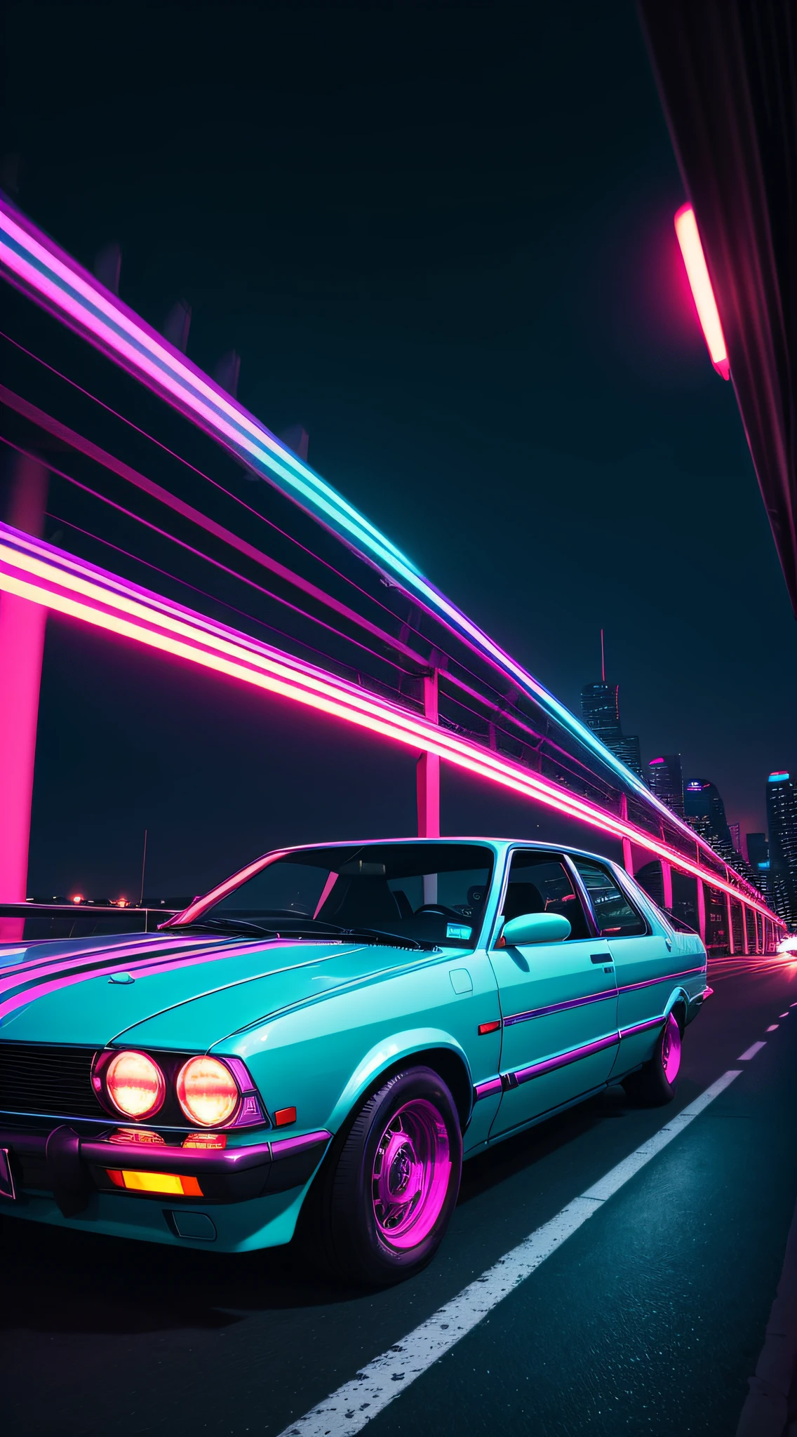 RAW photo of a car heading to a city. Estilo retrowave --auto