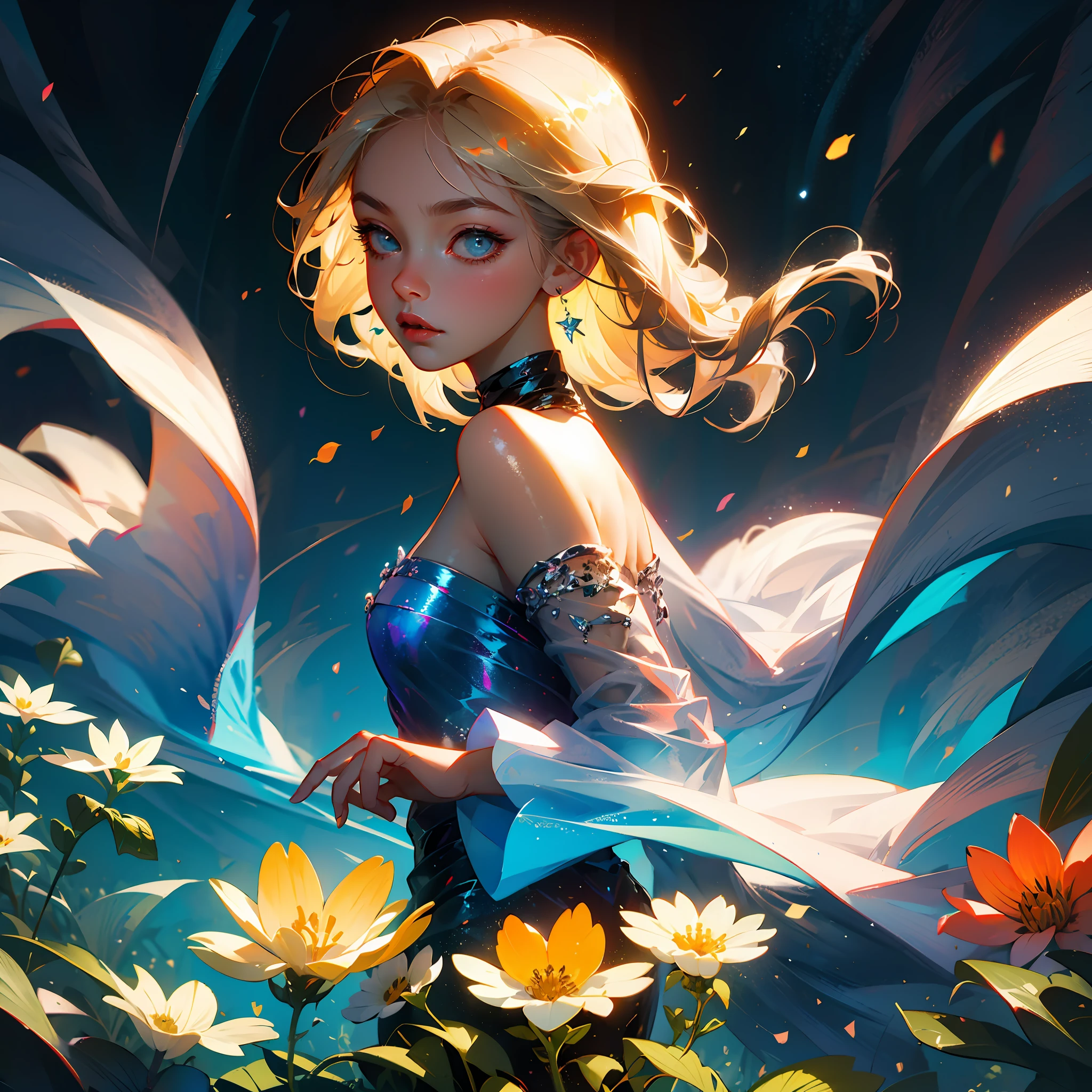 (best quality, masterpiece), 1girl, pose, particle, wind, flower, upper body, simple background, looking at viewer, blonde, galaxy, --auto