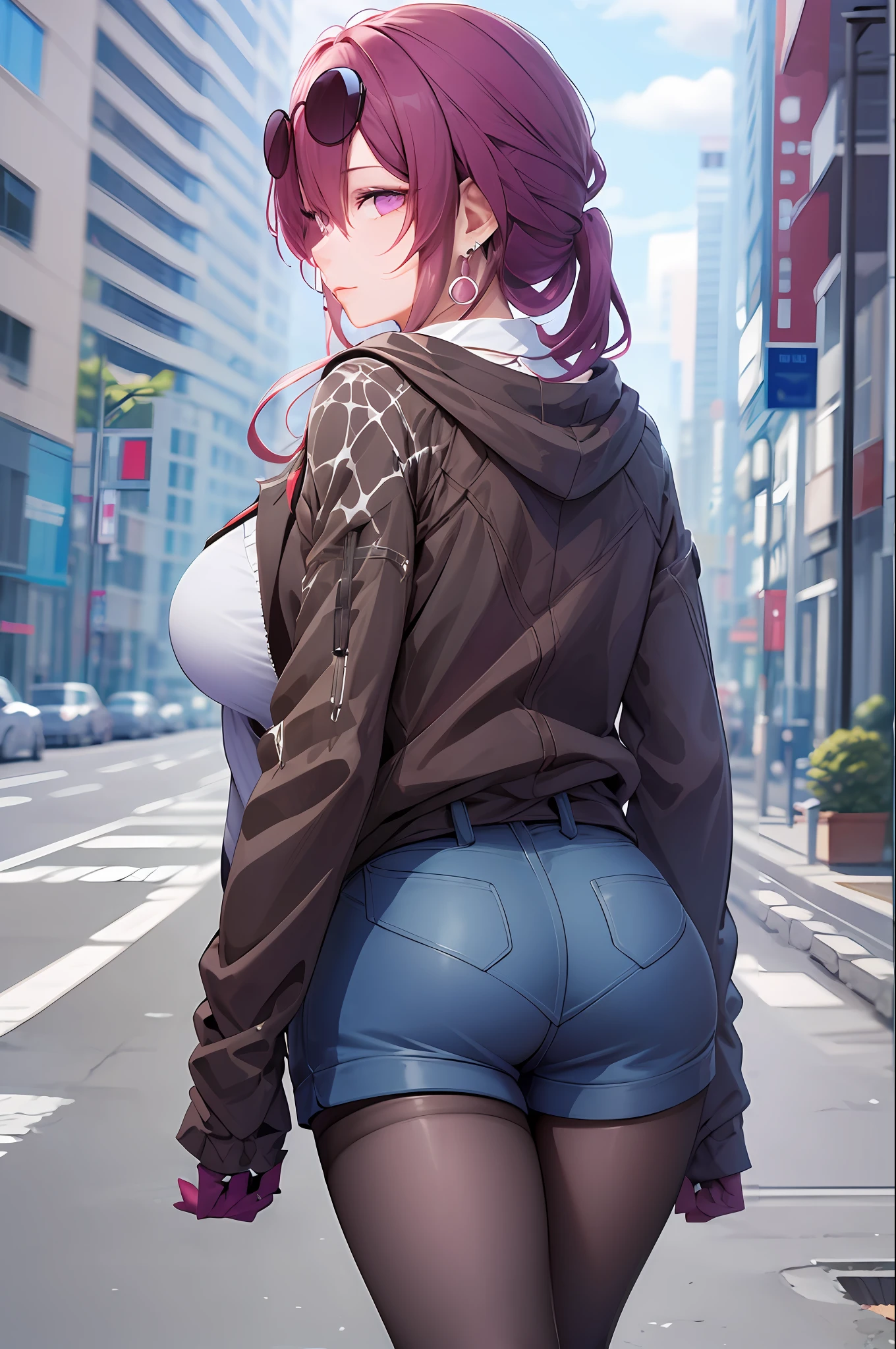 masterpiece, best quality, 1girl, (from behind), (looking at viewer), extremely detailed face and eyes, skinny, large breasts,  official,shirt, (undressing:1.4),    pantyhose, eyewear on head,  purple eyes, empty eyes, earrings,  street