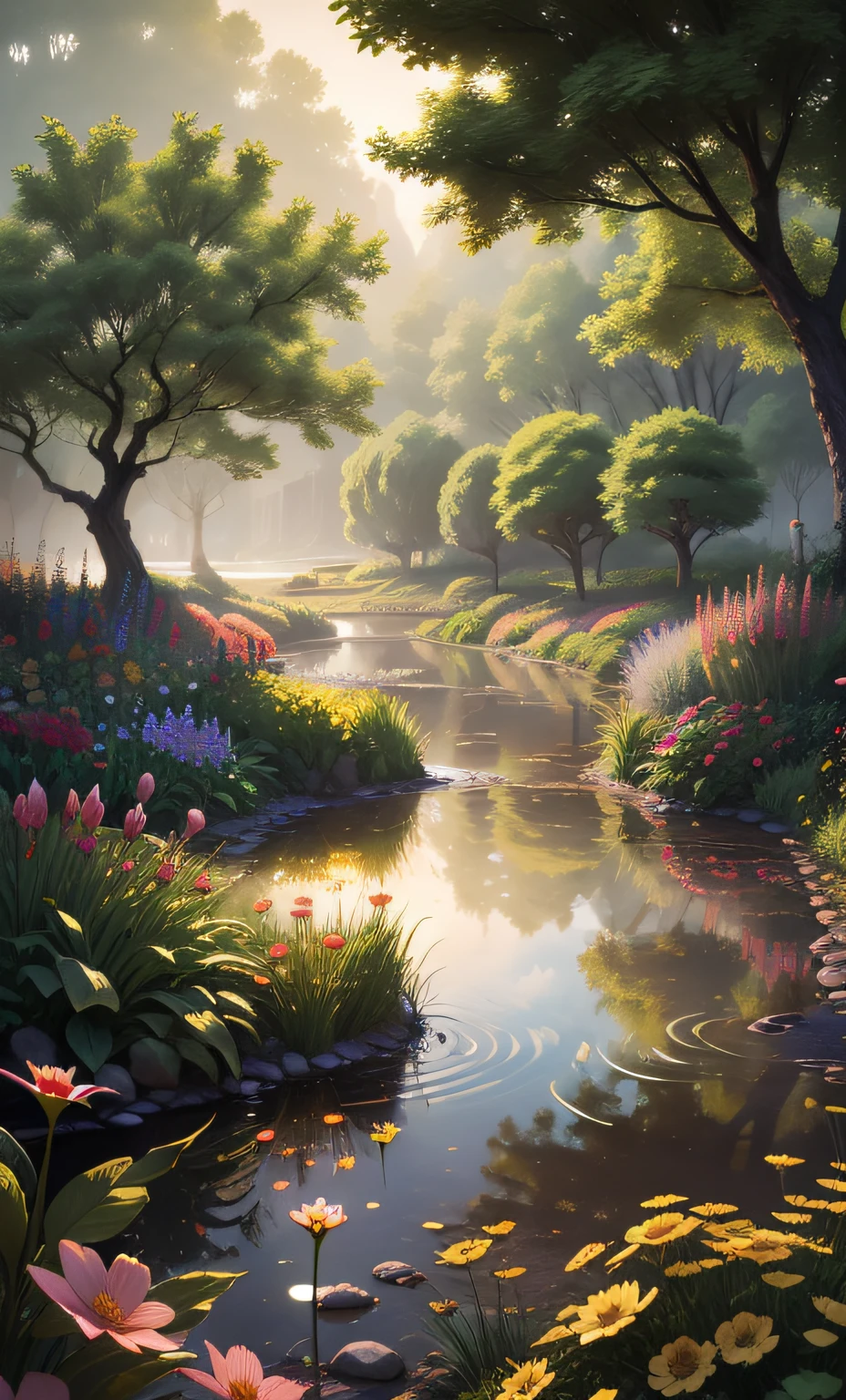 Eden's garden in heaven, beautiful landscape, magestic, ethereal, golden, trees, lake, bushes, flowers,rain