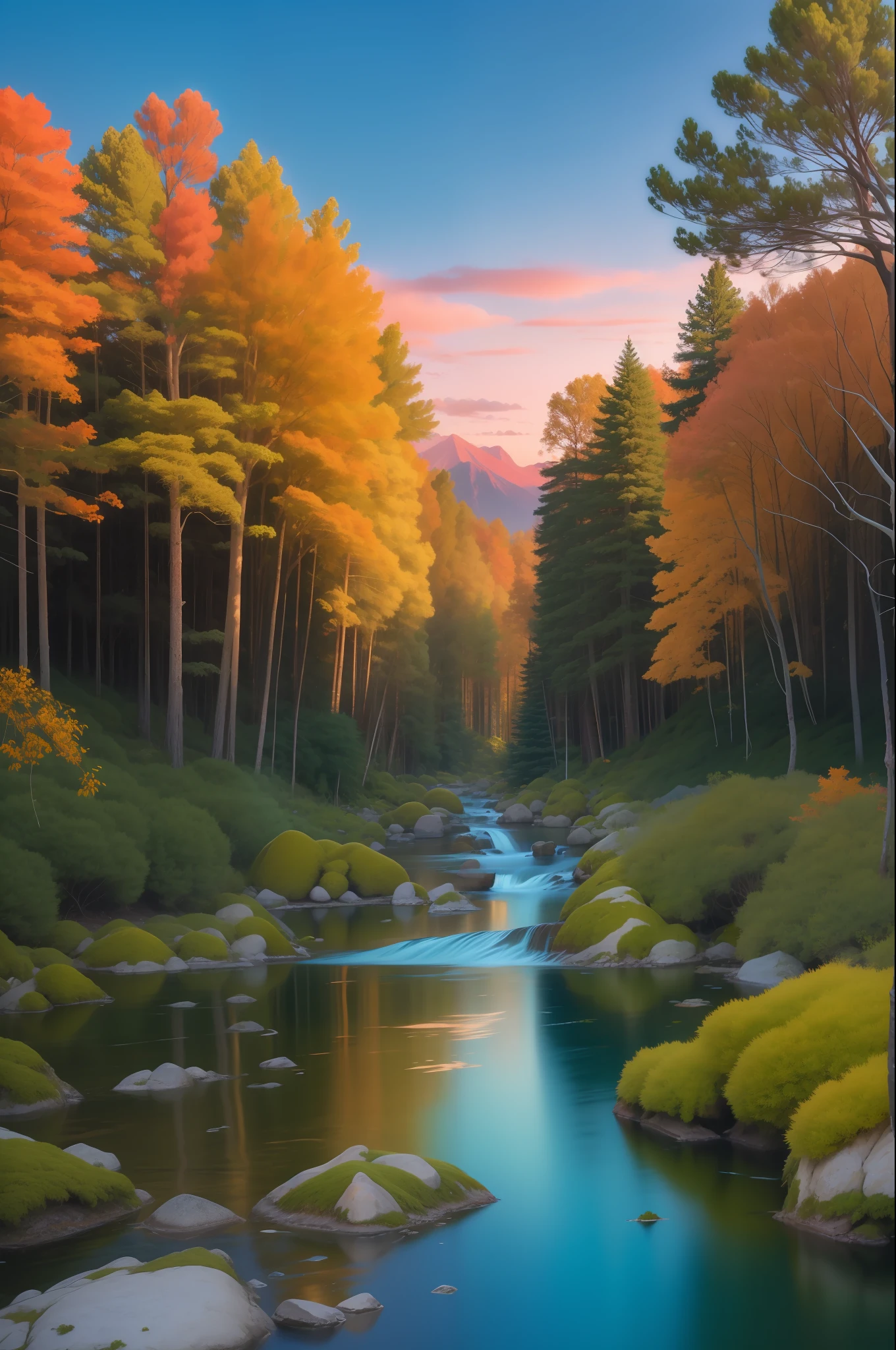 estilo 3 D, alta resolução, 8k, The landscape is a dense forest, with tall, majestic trees stretching in all directions. The sun is setting on the horizon, creating a spectacle of warm and vibrant colors in the sky. The clouds are painted with shades of pink, laranja e vermelho, while the sun is a shiny golden disc.

No primeiro plano da paisagem, There is a crystal clear stream that winds through the forest. The water is so clear that you can see the fish swimming at the bottom of the creek. There are large and small boulders along the banks of the creek, algumas cobertas de musgo verde brilhante.

Ao longe, You can see the snow-capped mountains, whose peaks stand out against the colorful sky. The landscape is so tranquil that you can hear the sound of birds chirping and leaves from trees swaying gently in the wind.

O design pode ser criado usando uma paleta de cores quentes e vibrantes, com tons de rosa, laranja, red and gold for the sky and shades of green for the forest. O riacho pode ser representado com tons de azul claro e verde claro, enquanto as pedras podem ser pintadas com tons de cinza e marrom.