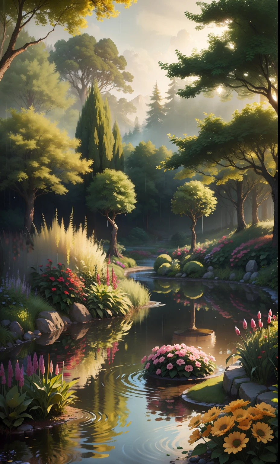 Eden's garden in heaven, beautiful landscape, magestic, ethereal, golden, trees, lake, bushes, flowers,rain