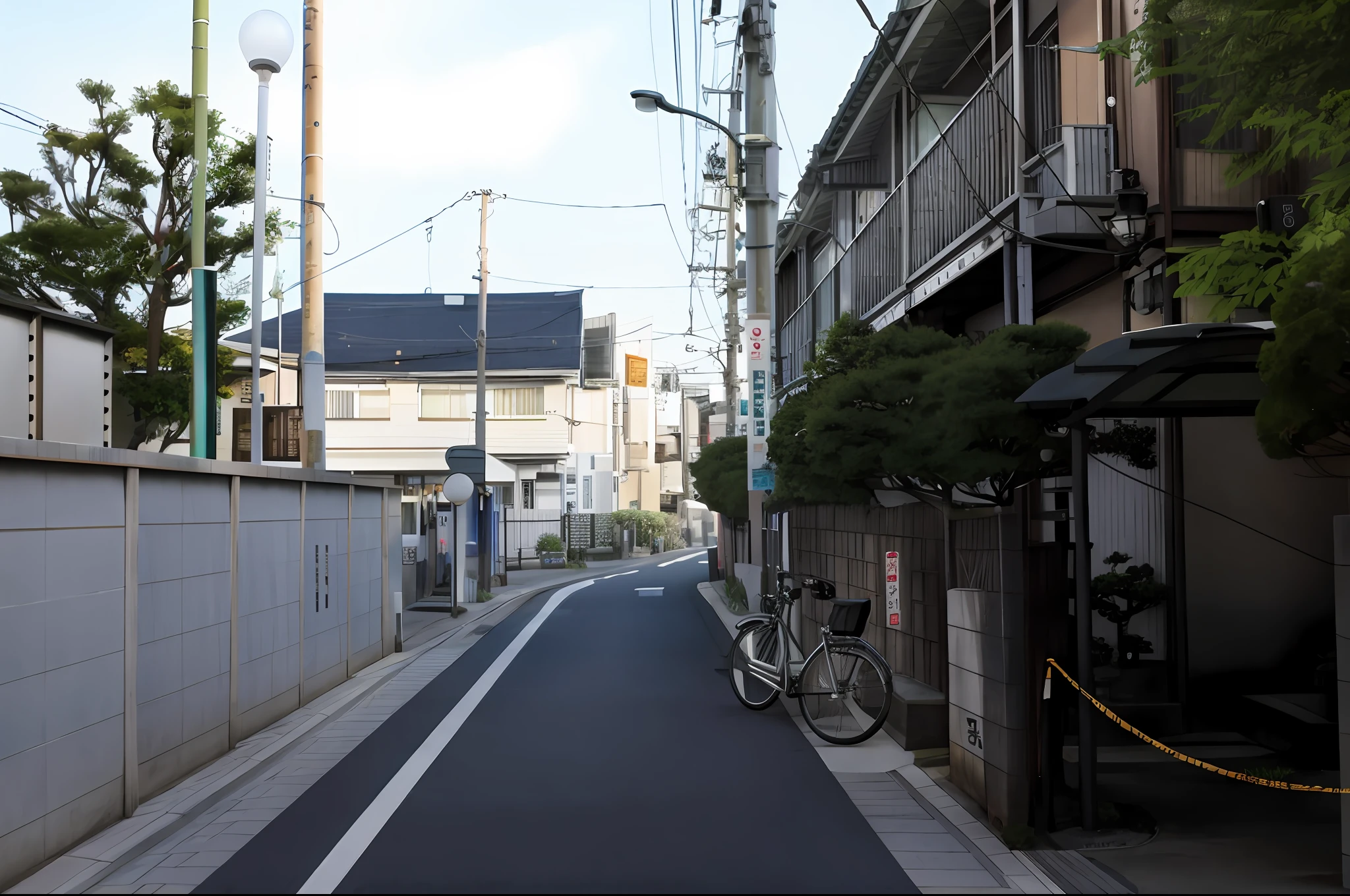 Bicycles parked on the side of the road, japanese street, Residential area, japanese neighborhood, quiet street, single street, Tokyo - esque town, photograph of the city street, on tokyo street, sloped street, streetscape, empty street, in Tokyo under, Prefectural streets, Modern Street, Empty cityscape, in a street, Best Quality,masutepiece,Flat color, The plant is loyal, (Desaturated tones: 1.25), (nffsw: 1.25), (art  stations: 1.2), (Intricate details: 1.14), (hyper realistic 3 d render: 1.16), (movie: 0.55)