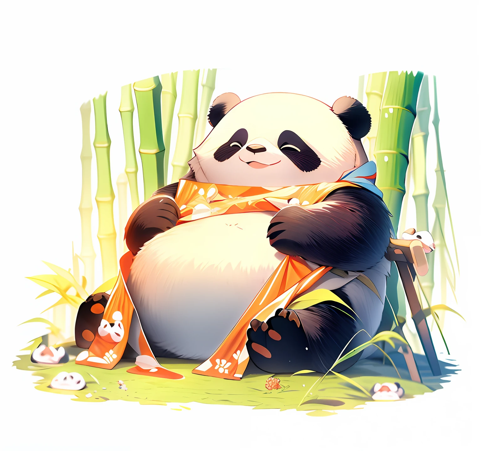 Panda holding Swiss rolls in his hand, Cute panda, panda panda panda, Panda, a cute giant panda, bamboos, Bamboo, in bamboo forest, made of bamboo, cute illustration, without text, inspired by Masamitsu Ōta, ribbon, So cute, Hand drawn illustrations, cute animal, stickers illustrations, hanging scroll