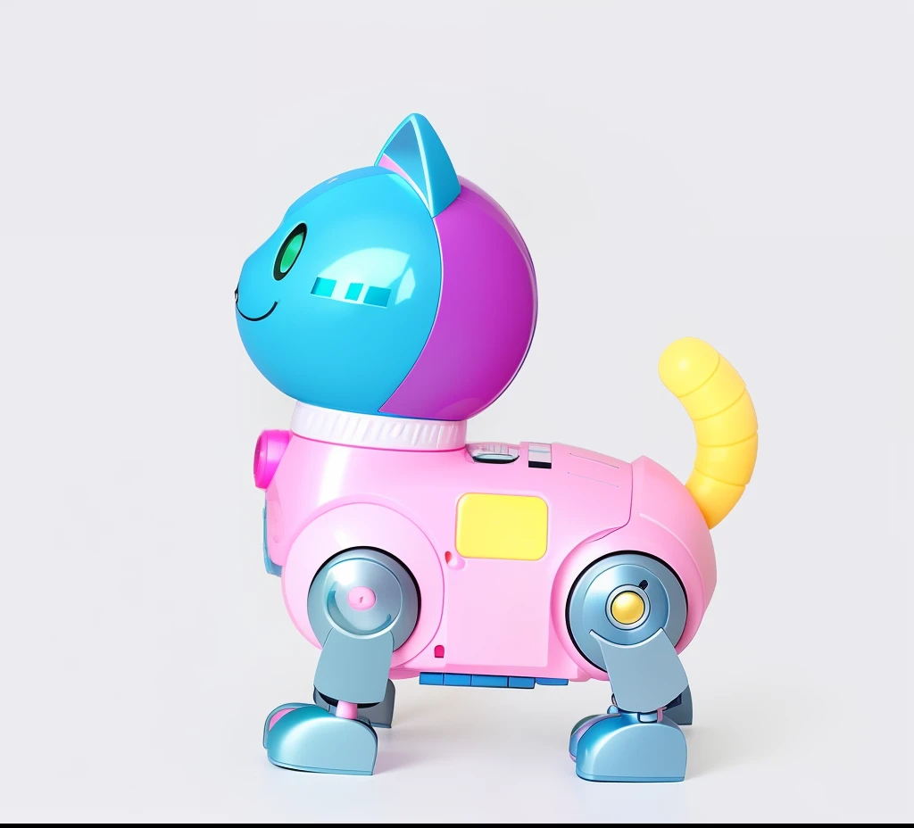 There is a toy cat dressed in pink and blue, robotic cat, toy design, robotic cat, cat robot, plastic toy, robot animal, Fully robotic!! cat, toys, cute toy, kids toy, kids toy, cyborg kitten, biopunk toys made in china, art toys, tintoy characterdesign robot, Cute humanoid robot, kids toy