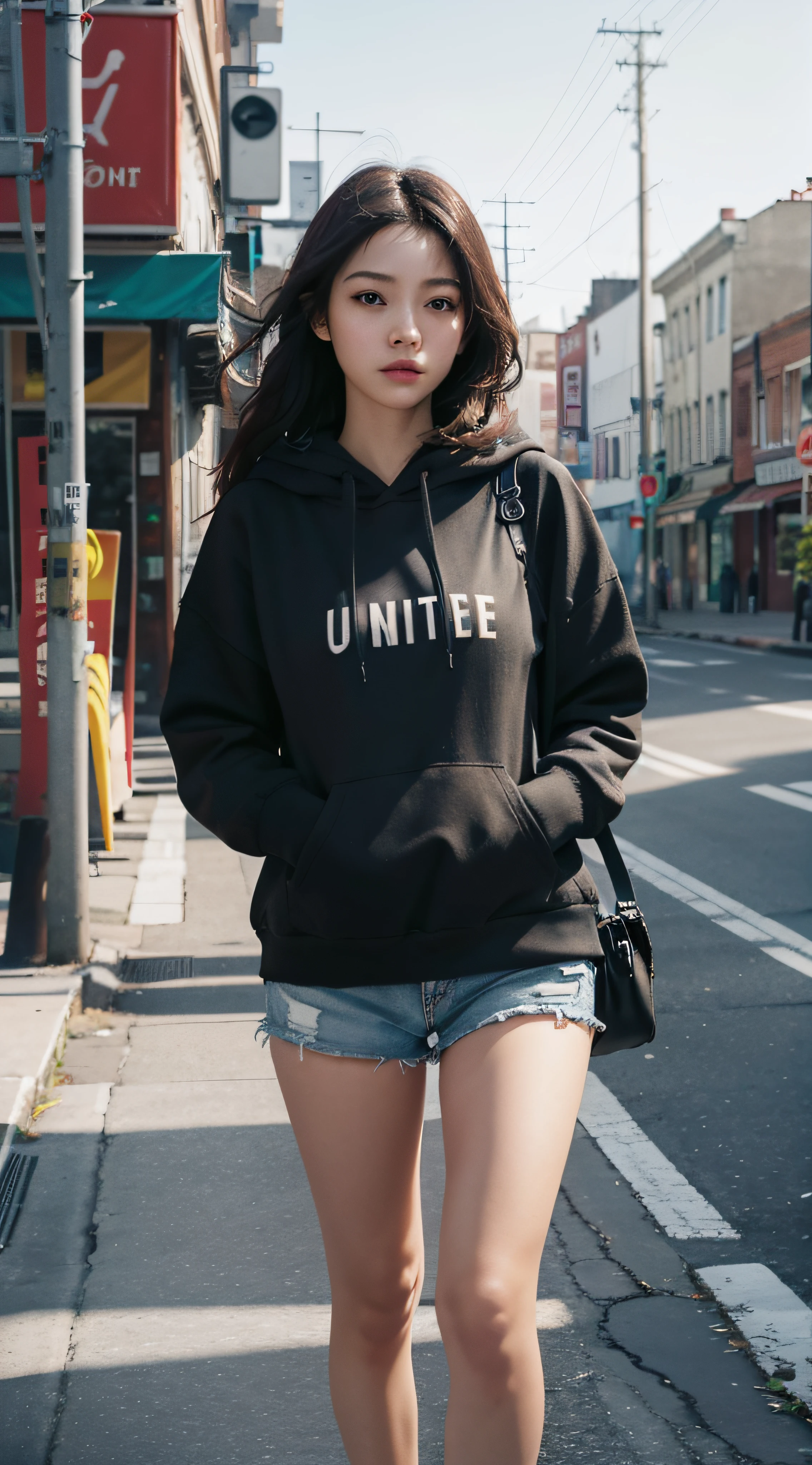 1girll,Short shorts, Hoodie,
City,
Walking, arms back behind,
{{{Masterpiece}}},{Extremely detailed Cg Unity 8K wallpaper},Best quality,Amazing,finedetail,Solo,Cinematic lighting,Close-up,{{Floating hair}},{{Wind}},Detailed background,Beautiful detailed eyes,,Bright pupils,{{full body}}, Dynamic pose,Dynamic Angle,Detailed clothes,,