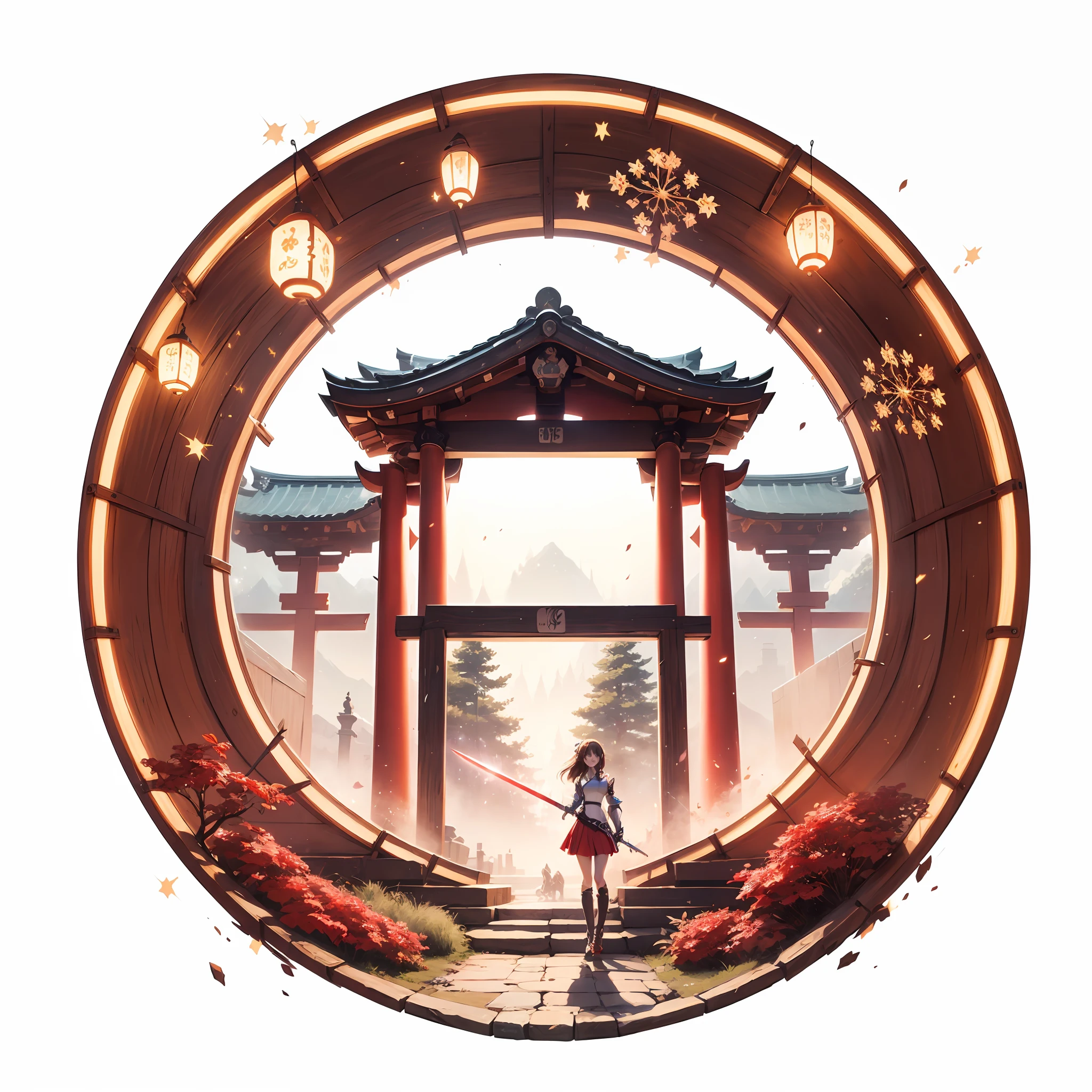 Expressive brunette hair, Smile, Anime style, hyper HD, retinas, Masterpiece, Cinematic lighting, Ray tracing ,Sparkle,Detailed background ,Two-dimensional style, A female knight, Holding a long sword, Night, Moonlight, A Japanese shrine, intricate armor, red decoration, Short skirt, Cross, red trees