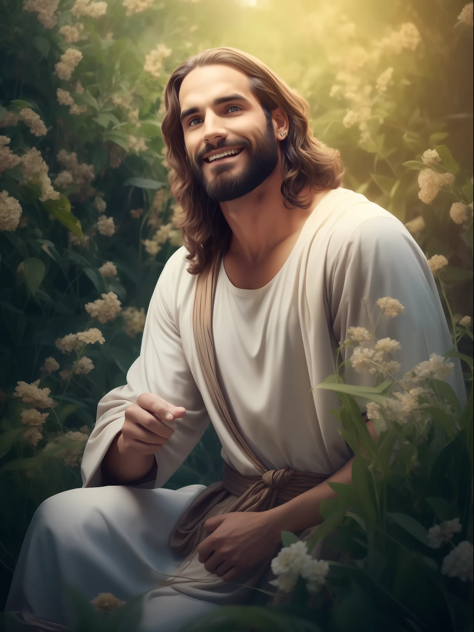 Seth Rollins como Jesus Cristo, sorrindo e feliz, wearing tunic, focar nos detalhes do rosto, cabelo escuro preto, semelhante ao seth rollins, wearing the long beige tunic of Jesus, Biblical style of Jesus, imagem realista, fundo da imagem preto escuro , melhor qualidade, 8k, focar nos detalhes.