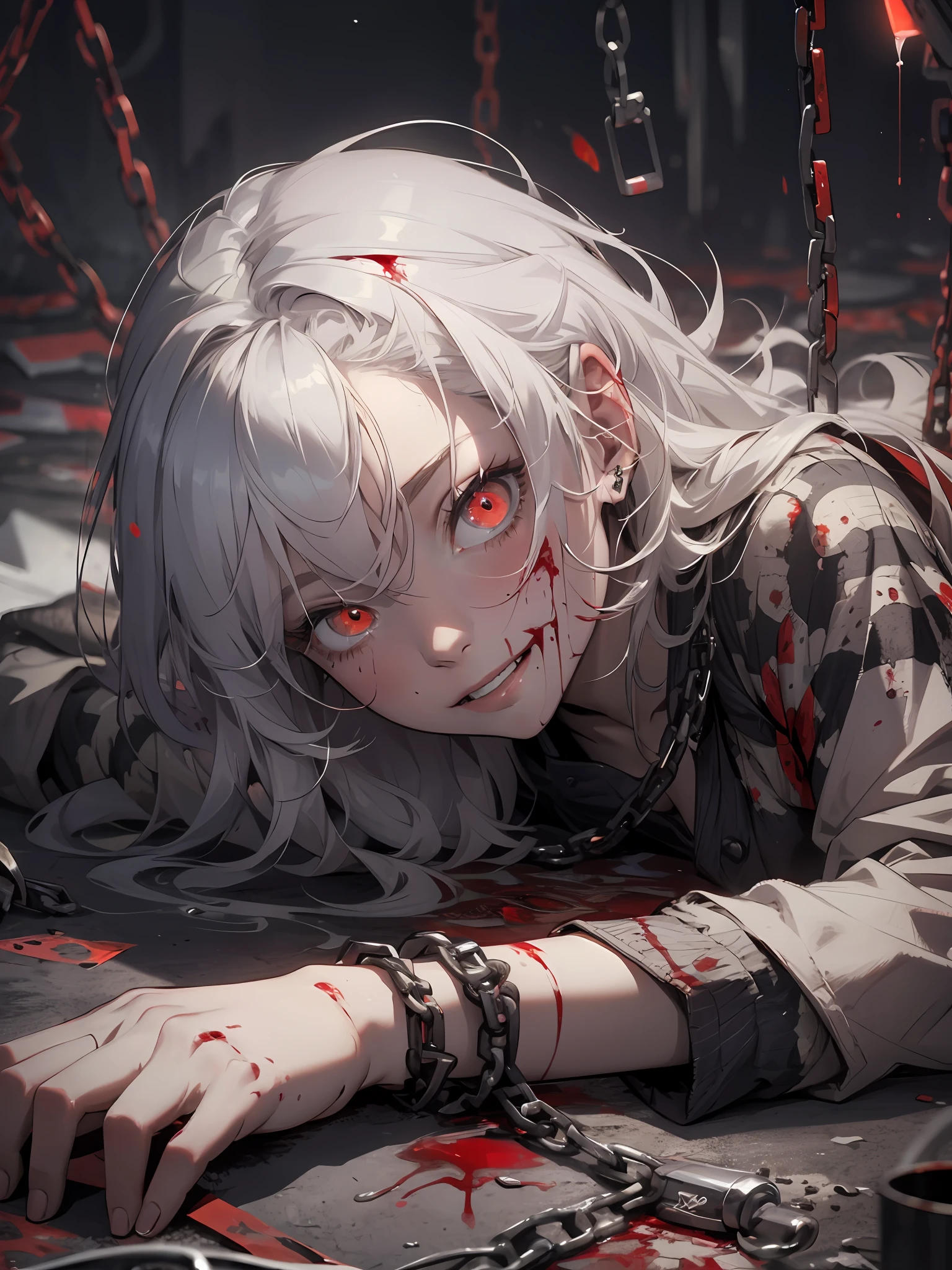 masterpiece, best quality, 1 girl, supine, lying face down on the floor, pale skin, messy hair, red eyes, glowing eyes, creepy, creepy smile, crazy expression, blood on face, blood on clothes, naked, creepy, scary, blood, horror, light particles, night, iron bracelets with chains