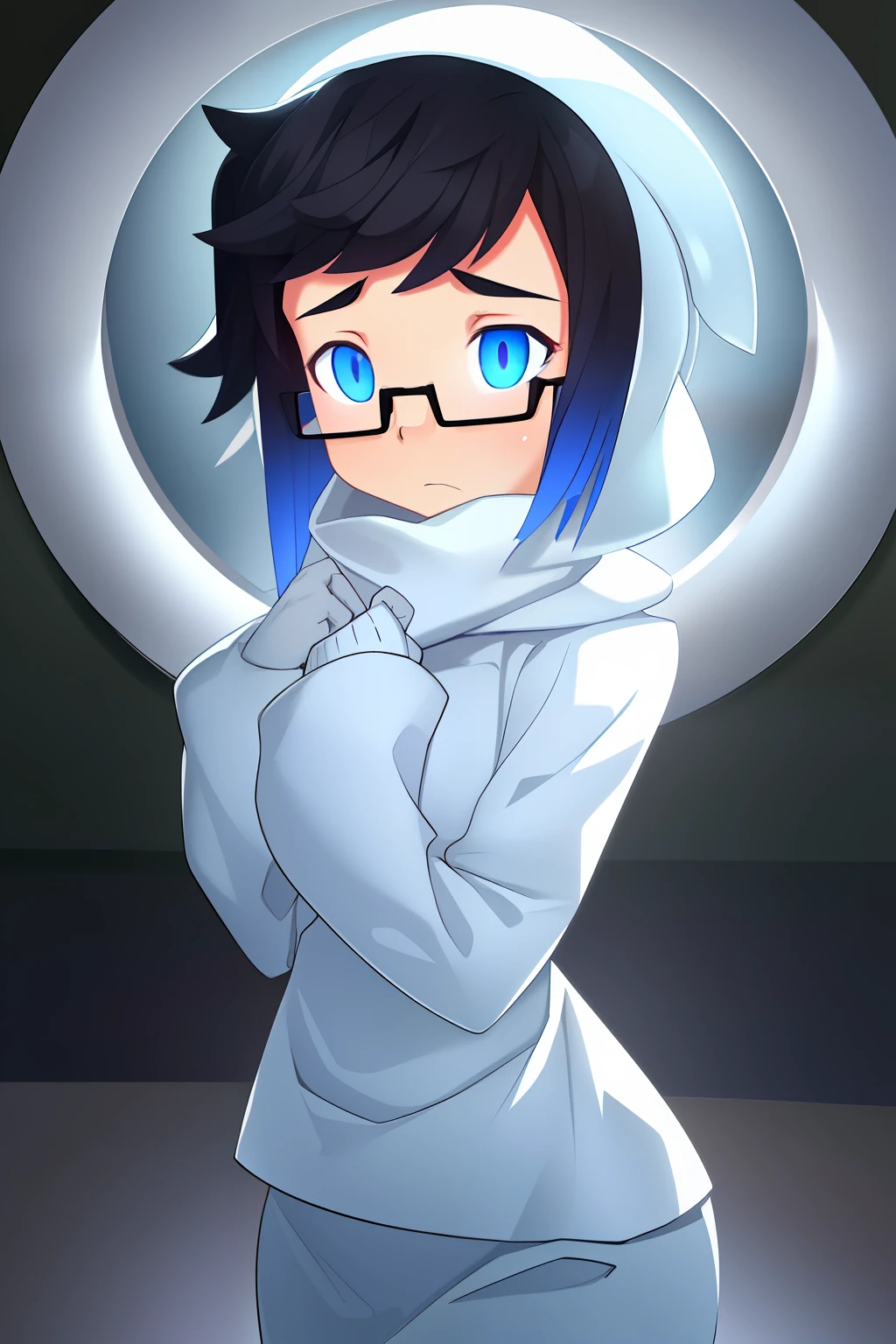 masterpiece, best quality, (Sadness_InsideOut , white turtleneck, black-framed eyewear, glasses, sadness ), colored glowing spheres, pixar, cartoon, 3d render, sfw,