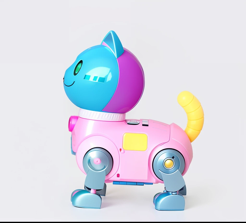 There is a toy cat dressed in pink and blue, robotic cat, toy design, robotic cat, cat robot, plastic toy, robot animal, Fully robotic!! cat, toys, cute toy, kids toy, kids toy, cyborg kitten, biopunk toys made in china, art toys, tintoy characterdesign robot, Cute humanoid robot, kids toy
