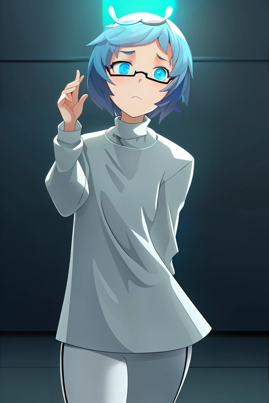masterpiece, best quality, (Sadness_InsideOut , white turtleneck, black-framed eyewear,  glasses, sadness ),   colored glowing spheres, pixar, cartoon, 3d render, sfw,