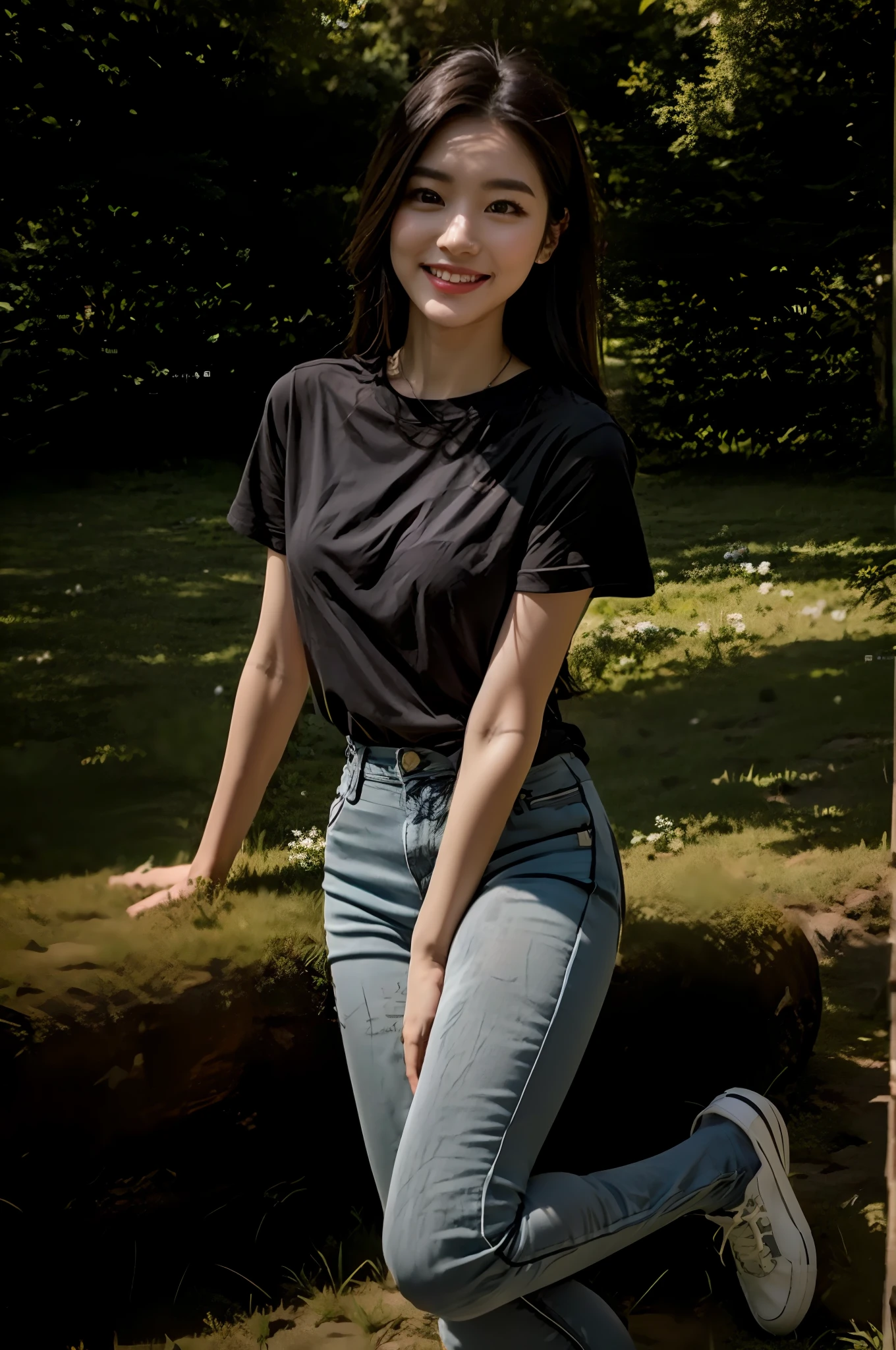 (RAW photogr,超高分辨率,tmasterpiece,best qualtiy:1.4),Complicated details,20 years old Korean girl,Wear a loose black T-shirt and skinny jeans,Stand on the grass and take pictures,Detailed meadow,A sweet smile on a small face,The face and skin are pink and fair,Ultra-realistic facial details,Playful and coquettish pose,The calves are straight and slender:1.5,Wear high-end branded colorful travel shoes:1.5,eventide,warm color,Broad lighting,naturalshadow,Full body photos taken:1.8