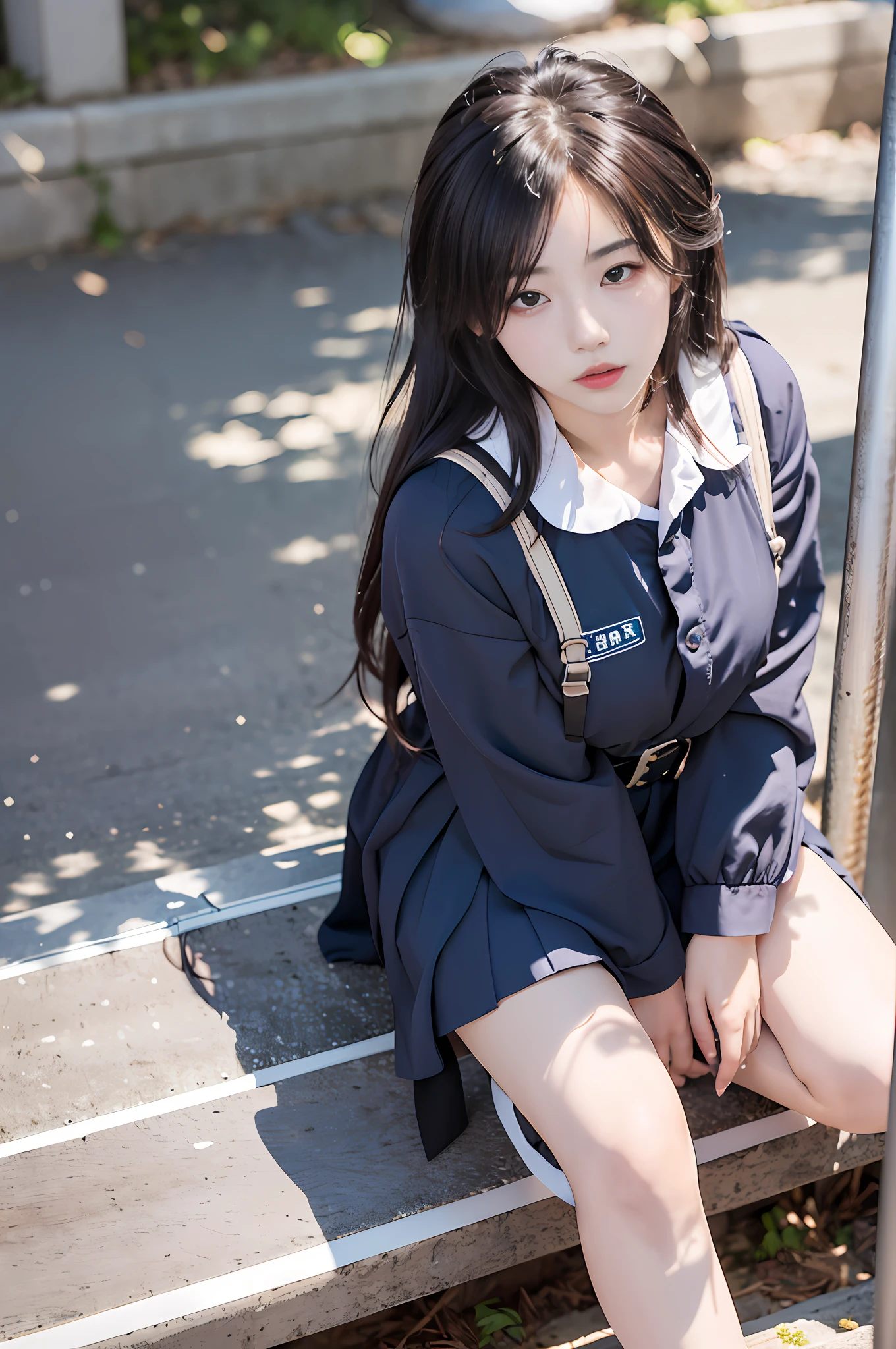 (Best quality:1.2,Realistic:1.3,sombras bem definidas:1.2,high resolution,Full of details:1.2,High saturation:1.2),beautiful Girl,Air bangs,校服,校服,naked leg,Platform sandals,Navy blue school uniform,Bad girl,putting makeup on,Look up at the perspective,full bodyesbian,Sitting on the steps,Cute and playful pose,Even look at the camera,Mainly prominent sandals