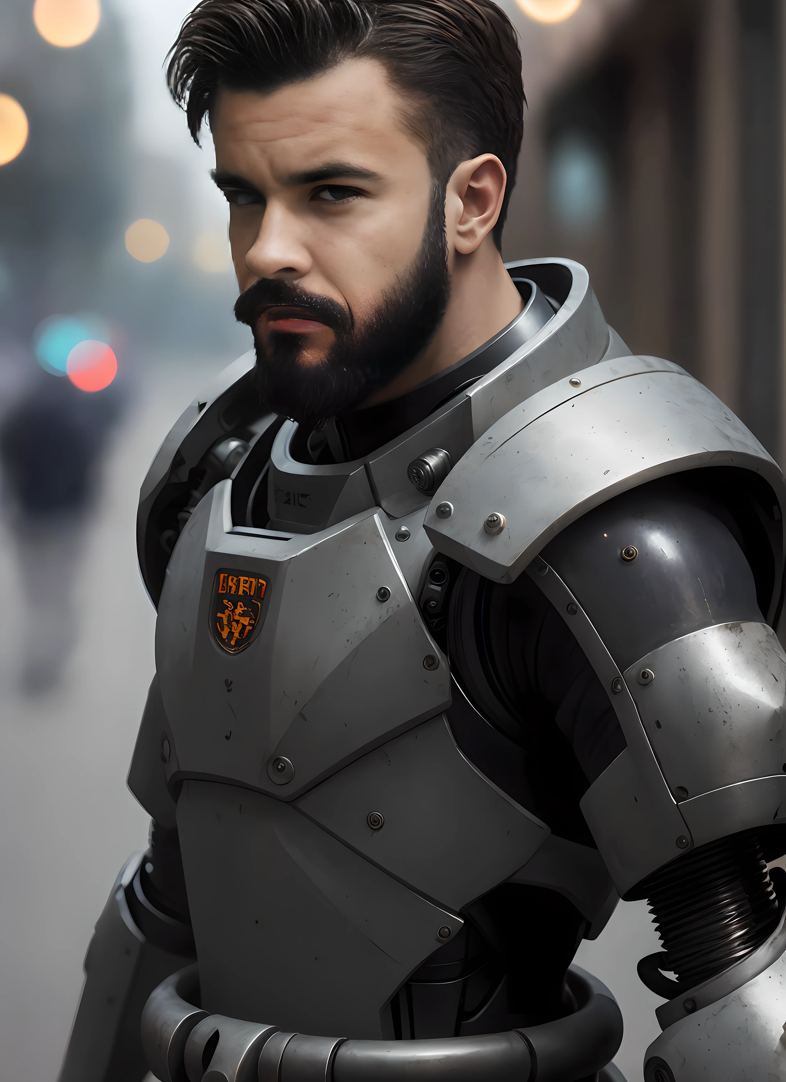close up Portrait photo of muscular bearded guy in a worn mech suit, ((light bokeh)), intricate, (steel metal [rust]), elegant, sharp focus, photo by greg rutkowski, soft lighting, vibrant colors, masterpiece, ((streets)), detailed face