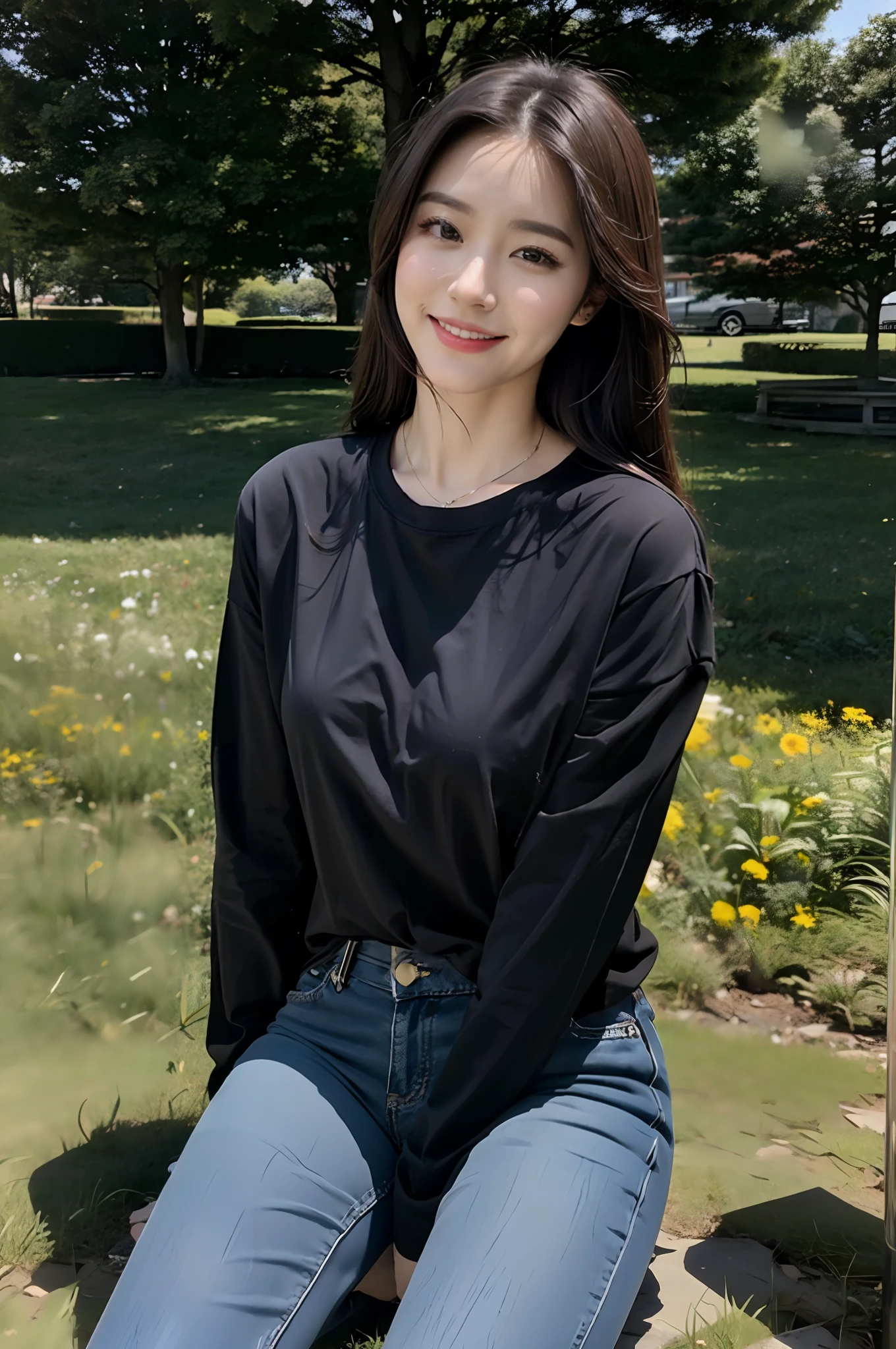 （RAW photogr，超高分辨率，tmasterpiece，best qualtiy：1.4），Complicated details，20 years old Korean girl，Wear a loose black T-shirt and skinny jeans，Stand on the grass and take pictures，Detailed meadow，A sweet smile on a small face，The face and skin are pink and fair，Ultra-realistic facial details，Playful and coquettish pose，The calves are straight and slender:1.5，Wear high-end branded colorful travel shoes:1.5，eventide，warm color，Broad lighting，naturalshadow，Full body photos taken:1.8