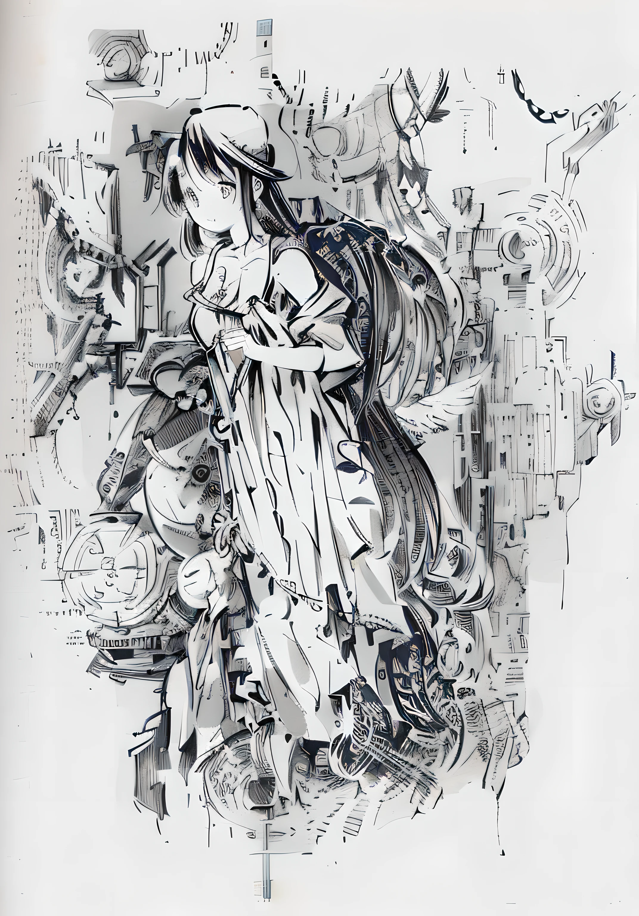 Draw a woman with a bird and a bird on her shoulder, intricate manga drawing, Detailed fantasy illustration, steampunk angel, pencil and ink manga drawing, detailed intricate illustration, fantasy painting of, black and white detailed sketch, intricate detailed illustration, clean ink detailed line drawing, great digital art with details, intricate details illustration, mechanical angel, pen and ink illustration