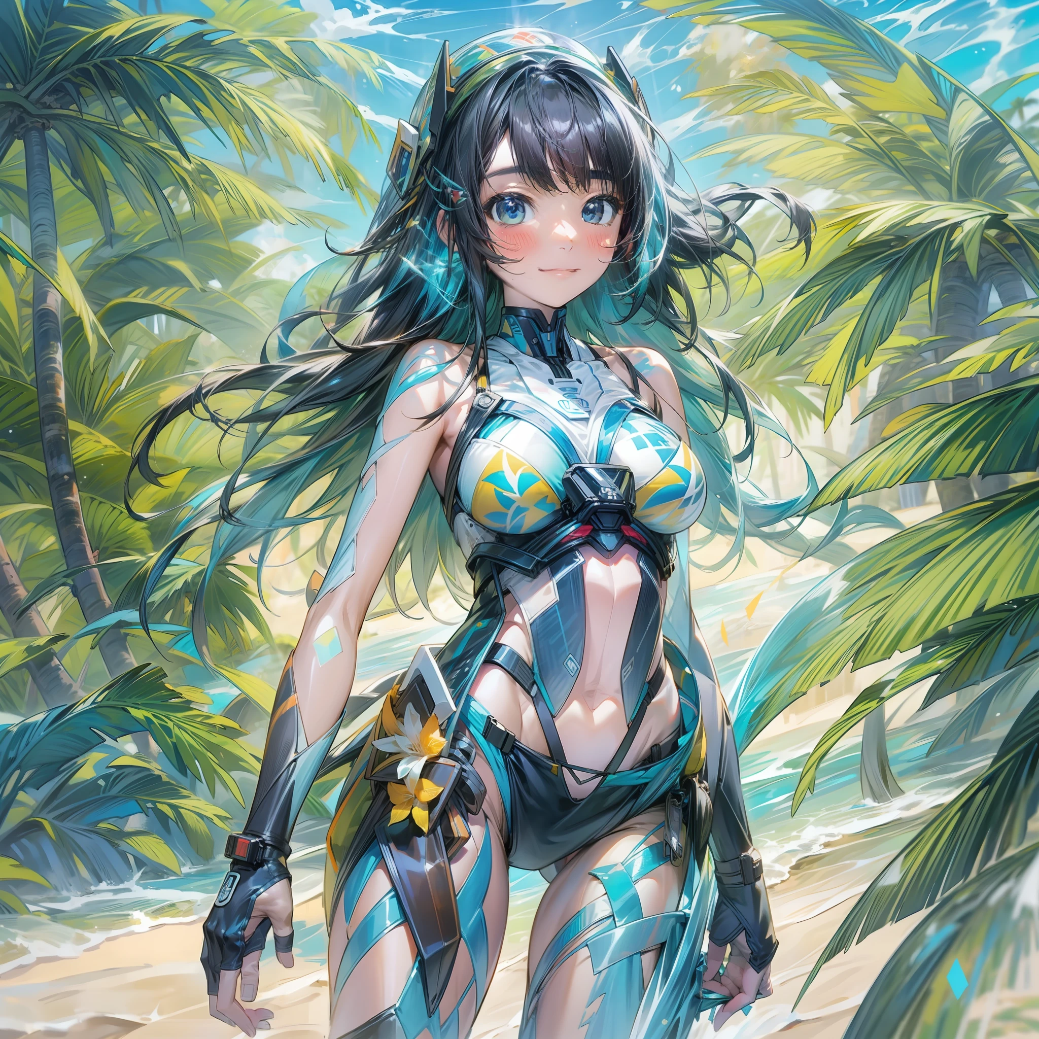 Drawn in 8K ultra-high resolution、Tropical beaches of the near future Japan。In the center of the screen is the、There is a pair of energetic young women。They're short cuts with black hair.、Blue and green hologram colors shine。

Their bikinis are、Design that mixes the modern and the future。One is、Blue bikini with wave pattern swaying with movement。The other is、Green Bikini、Reflects the movement of tropical leaves in real time。At the foot、Reflects the white-sand beach、Futuristic flip flops that look as if they are transparent。

They、I hold an AI-controlled hologram surfboard in my hand。It changes color and shape according to their movements.、Recreate the experience of riding a wave。

Spreading behind、White sand beach and blue sea、And a palm tree-lined avenue in the distance。Each palm tree is、It stores solar energy and glows quietly at night。

Along the beach、There are stalls and bars using holographic technology.、a person々is enjoying。Here、You can try the latest VR diving experience、You can taste the tropical gastronomy provided by AI。Live music、And the sound of digital wind chimes swaying in the wind、It further highlights the tropical beach life of the near future.。