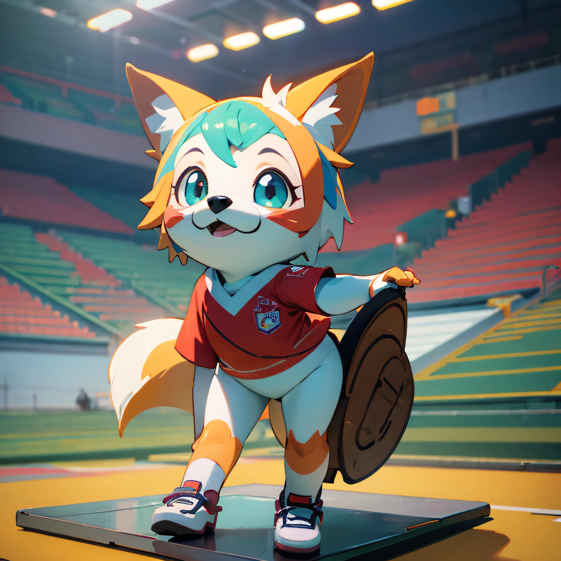 (A sports fox wearing football shoes and a red sports shirt), Lindo renderizado 3D, Lindo arte digital detallado, Lindo arte digital, Lindo personaje de dibujos animados, Adorable pintura digital, Lindo! c4d, Personaje lindo, japonismo pop 3D, (fondo blanco), Ultra detallado, por Yu Zhiding, Modelo 3D de una mascota japonesa, Nendoroid 3D, Linda criatura del bosque