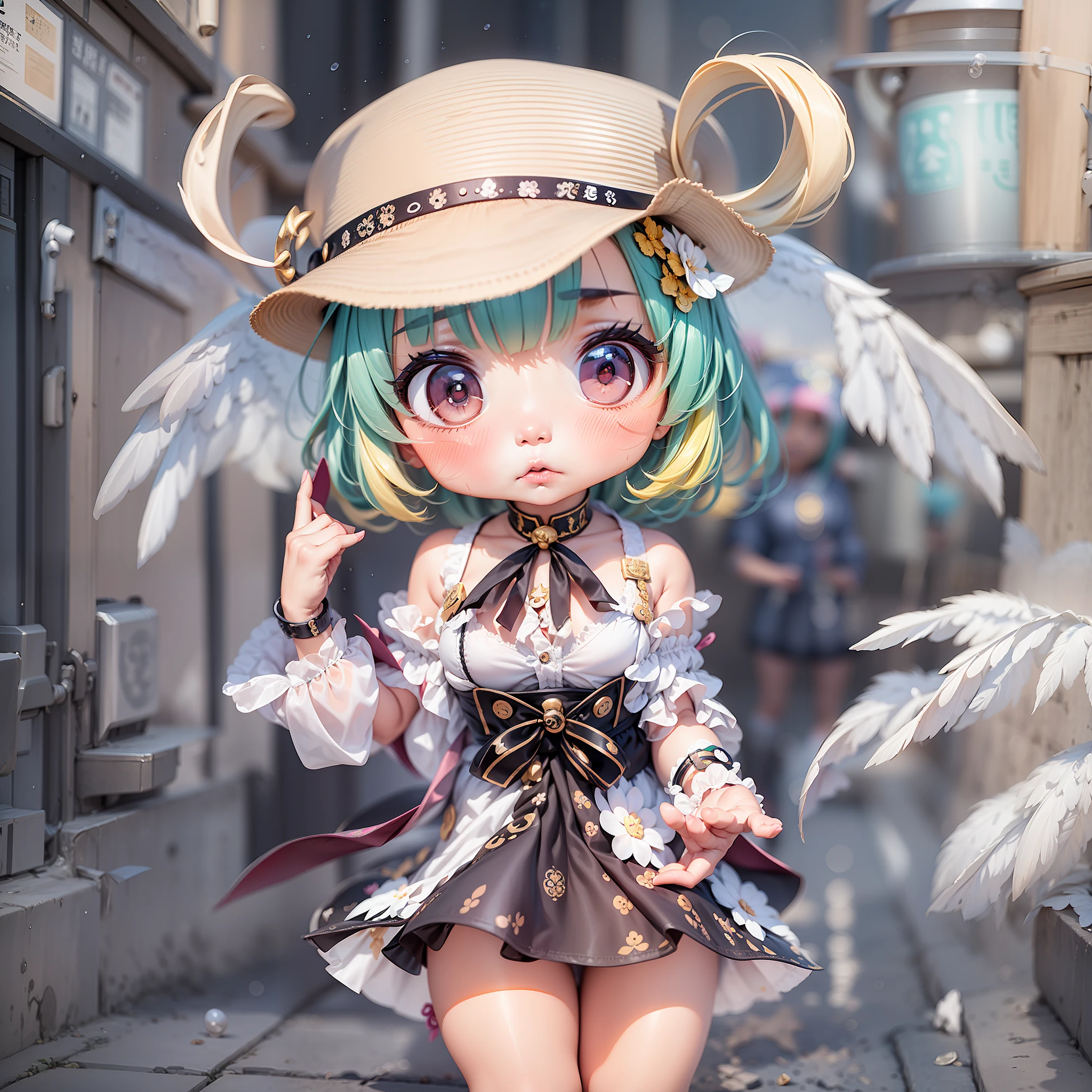 On the streets where it rained heavily，A loli in a hat and dress，There are 2 wings behind him，Lori huge breasts cleavage，kawaii，Inspired by Lyckey，Chibi Art，inspired by Tawaraya Sōtatsu，Inspired by Yundu Snow，inspired by Wang Lü