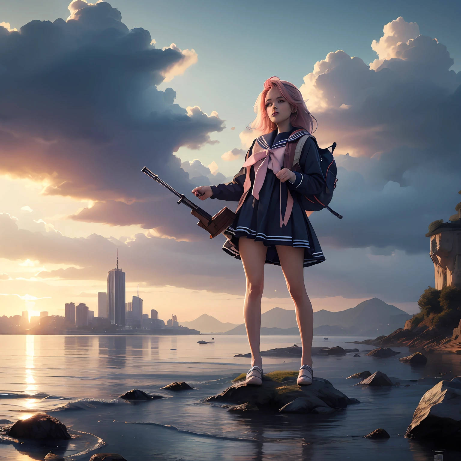 quadratic element，Lazy girl with pink hair，In sailor suit，Shotgun in both hands，Height 1.6 meters，Standing painting form，The background is a city block scene，A full body drawing is required --auto