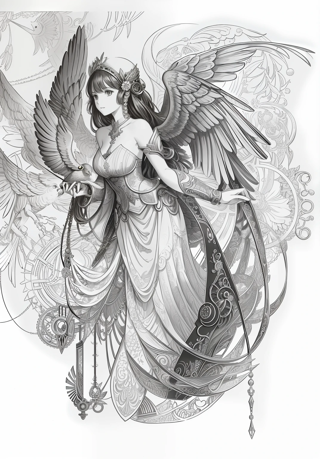 Draw a woman with a bird and a bird on her shoulder, intricate manga drawing, Detailed fantasy illustration, steampunk angel, pencil and ink manga drawing, detailed intricate illustration, fantasy painting of, black and white detailed sketch, intricate detailed illustration, clean ink detailed line drawing, great digital art with details, intricate details illustration, mechanical angel, pen and ink illustration