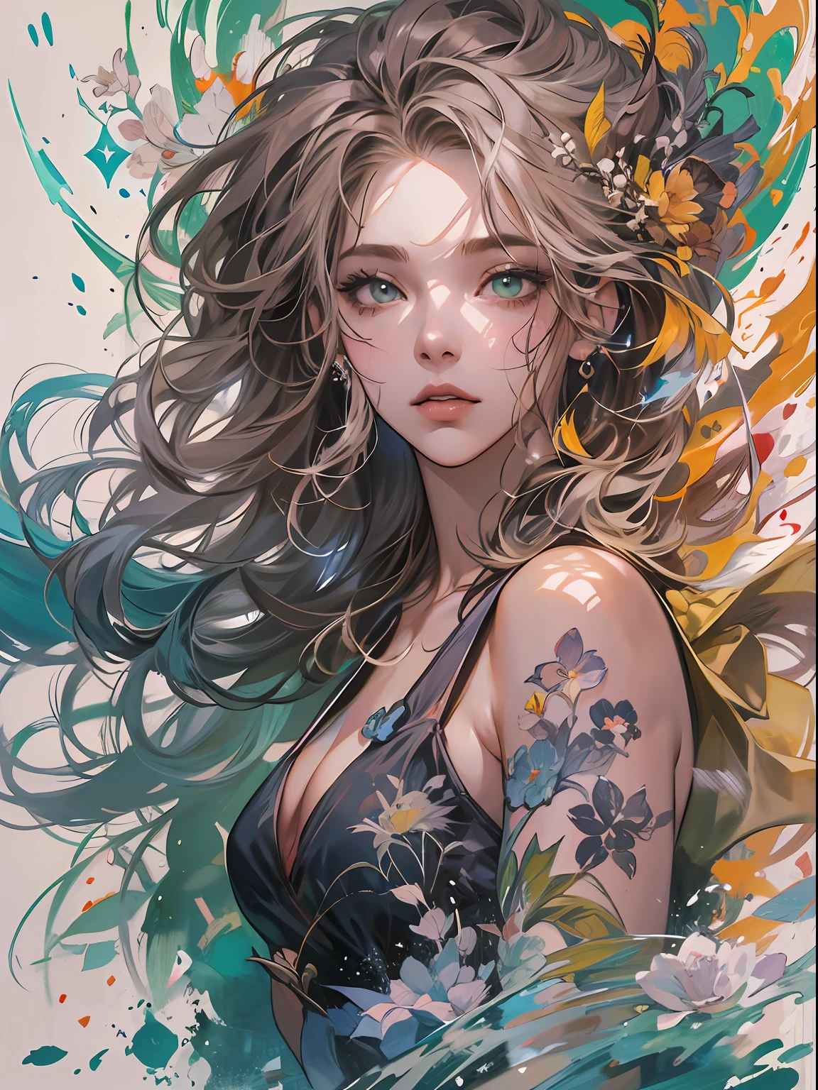 mulher bonita com cabelo longo ultra detalhado, (fundo bonito e claro: 1.2),, fantastic paintings, estilo graffit, flores, olhos altamente detalhados, uma camiseta ou vestido com uma blusa branca por baixo, position, com cabelo preto longo, vitrais coloridos, Fantastic paintings by Joe Madureira, alta qualidade, foto, arte adesivo, mulher bonita carol nakamura com cabelo longo, liberdade, alma, digital illustation, comiс style, anatomia perfeita, centrada, Approaching perfection, dynamics, altamente detalhada, pintura em aquarela, artstation, arte conceitual, suave, foco nítido, illustration, arte por carne griffiths e wadim kashin,,pose de menina anime sozinha, cabelo pastel curto, heterocromia, anatomia perfeita, centrada, Approaching perfection, dynamics, altamente detalhada, folha de caracteres, artstation, arte conceitual, suave, foco nítido, illustration, arte por kim jung gi,, Artgerm, carne Griffiths e Wadim Kashin , Sasha Yakovleva, Loish, Jeremy Mann, corpo inteiro tiro vestidos festa, folha de personagem, Lightningwave, bela pintura em aquarela anime, tinta pingando por Tim Okamura, Victor Nizovtsev, Greg Rutkowski, Noah Bradley. trending in artstation, 8k, obra-prima, pintura graffiti, detalhe fino, cheio de cor, detalhe intrincado, Golden aspect ratio illustration, monochrome green background, obra-prima, melhor qualidade, alta qualidade, highres, melhor qualidade, high resolution fix, bright amazing lighting, aprimoramento de detalhes, aprimoramento de detalhes, various movements and pose, melhor qualidade, alta qualidade, highres, aprimoramento de detalhes, 4k, obra-prima, highres, absurdres, Natural volumetric lighting and better shadows, profundidade de campo profunda, foco nítido
