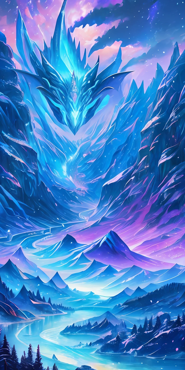 This paragraph describes a digital painting depicting an otherworldly, surreal and magnificent scene. The artwork features a massive mountain and dragon surrounded by intricate details of forests, vegetation and rivers. This is a high-quality, 8K resolution digital art masterpiece, which creates a beautiful movie background with a magical atmosphere through unique lighting effects. The sky is decorated with snow and stars, while dragons soar above. The work belongs to the ice punk style, with dragons and mountains as the theme, creating a cold winter visual style. --v 6