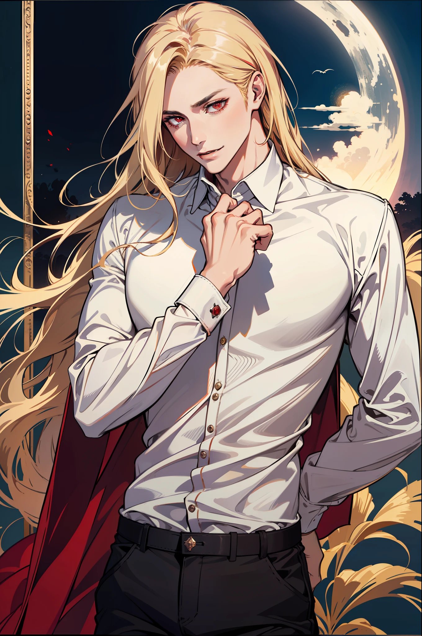 (absurdres, highres, ultra detailed), 1man, 30 years old man, adult man, handsome, tall,, finely detailed eyes and detailed face, leather pants, (((white shirt))), night, smile, dutch angle, ((long hair, blonde hair)), moon, gold details, gothic, vampire, vampire prince, dark, simple clothes, looking at the view, pale skin, red detailed eyes, (masculine), sexy, elegant, long bangs, detailed hands, (((red eyes)))