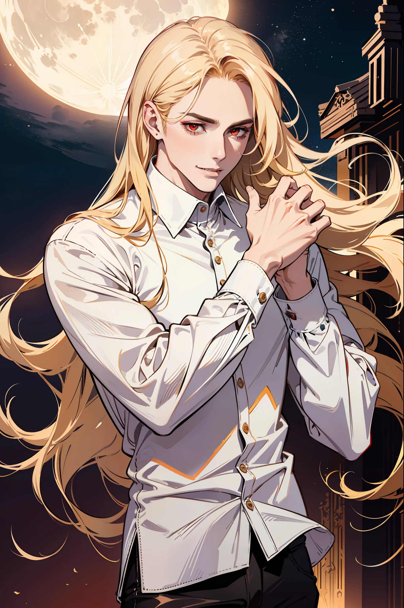 (absurdres, highres, ultra detailed), 1man, 30 years old man, adult man, handsome, tall,, finely detailed eyes and detailed face, leather pants, (((white shirt))), night, smile, dutch angle, ((long hair, blonde hair)), moon, gold details, gothic, vampire, vampire prince, dark, simple clothes, looking at the view, pale skin, red detailed eyes, (masculine), sexy, elegant, long bangs, detailed hands, (((red eyes)))