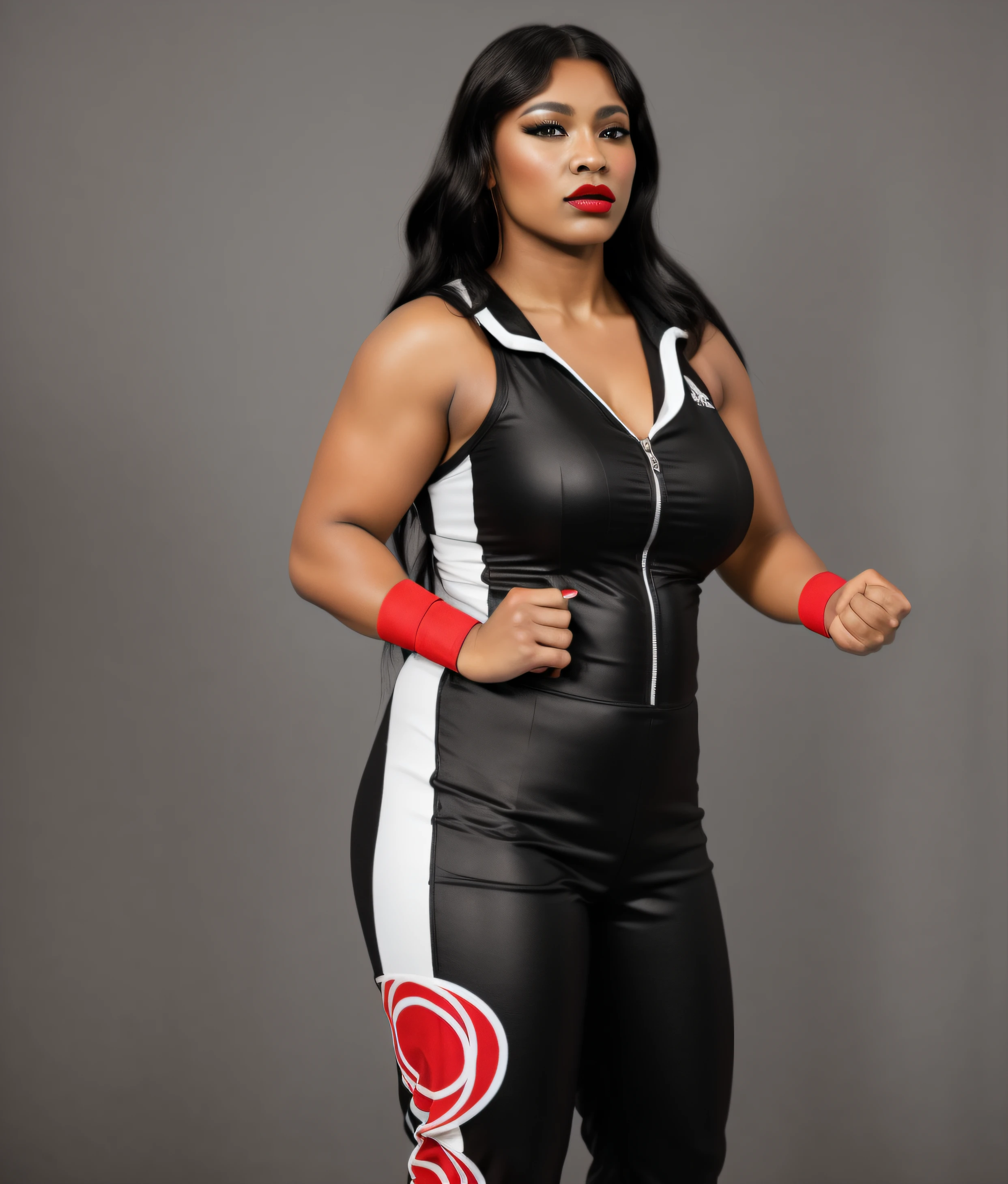 ((masterpiece, best quality)), Heavyset Black female wrestler with long hair, in black white and red jumpsuit, red wristbands, wearing makeup and lipstick, photo realistic, intricate details