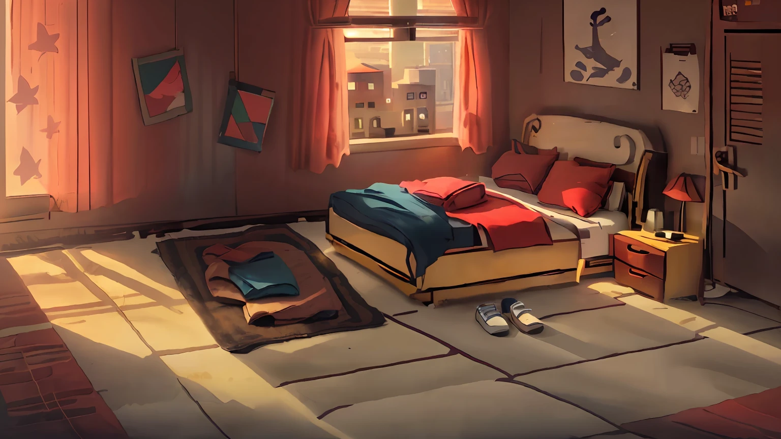 (bedroom background, Messy bedroom, Sunrise tones, Beds, quilt, locker, carpets, janelas, slippers)