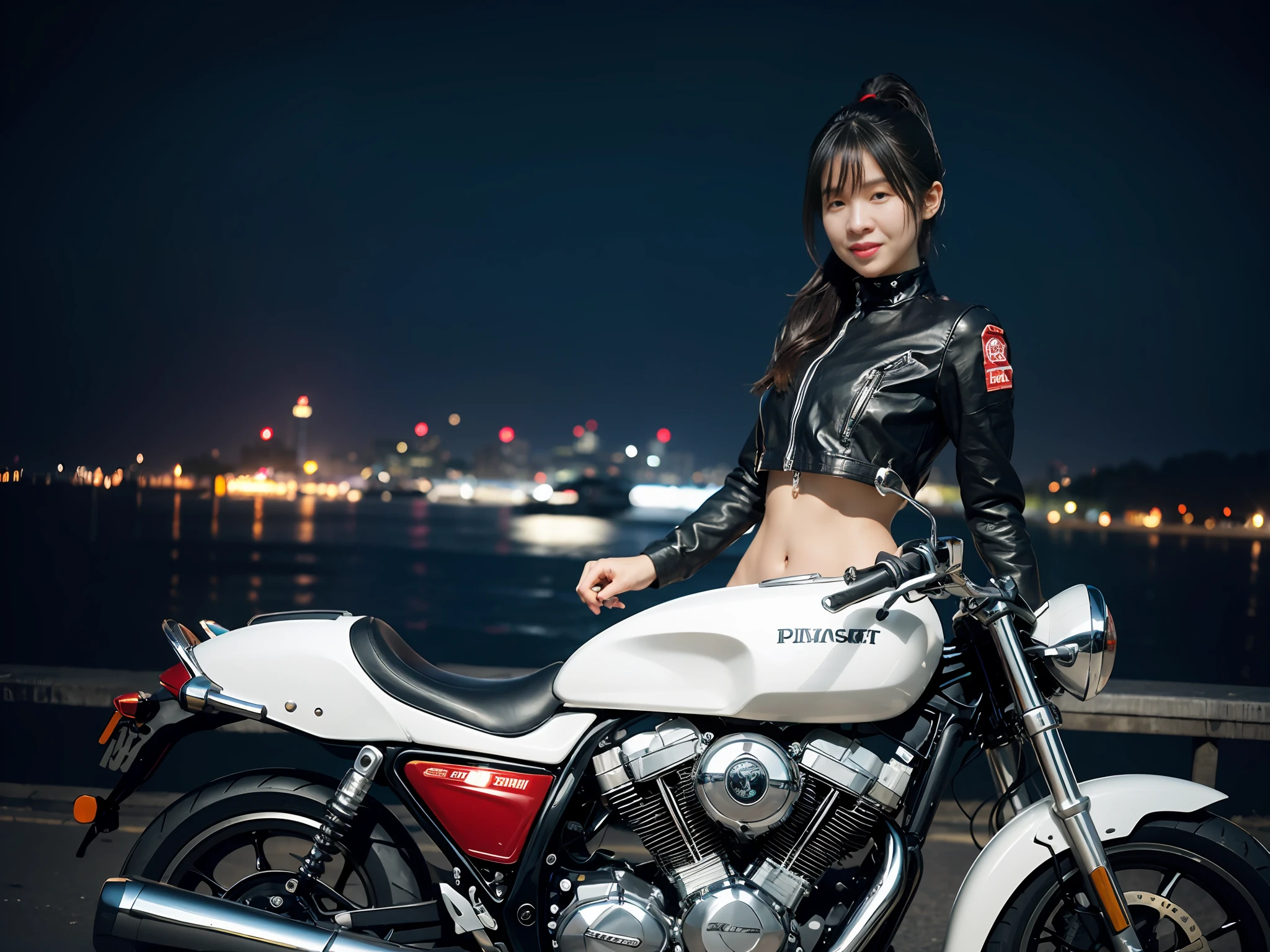 (8k, RAW photo, top quality, masterpiece: 1.2), (realistic, photorealistic: 1.35), ultra detail, ultra-high resolution, pio apple, one girl, look viewer, smile, beautiful detailed eyes, ponytail hair, bangs, skin texture, narrow waist, slim waist, (curve: 0.4), belly buttons, legs, movie lighting, professional lighting, light face, physics-based rendering, super-resolution, color color Panasonic Lumix S1R, full-frame, wide aperture like f/4 or f/2.8, bokeh, sharp focus, standard portrait shooting, excellent image composition, one girl, look viewer, smile, beautiful detailed eyes, ponytail hair, bangs, skin texture, narrow waist, slim waist, (curve: 0.4), movie lighting, professional lighting, light face, 1 pretty little girl riding a motorbike, color young green techwear, the city, solo, futuristic, sunset red on the horizon in the background, motorcycle Honda Hornet Cafe racer, black red and white