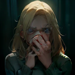 Blonde woman with blue eyes and a gray sweater covering her mouth, medo ansiedade terror, scared expression, scared emotion, olhar assustado, the girl is scared, apavorado, cara assustada, nervoso e apavorado, extremamente assustador, medo horripilante, parecendo assustado, haunted and sad expression, foto de terror, assustador, ansiedade enervante, aterrador, filme de terror, menacingly!, amedrontado