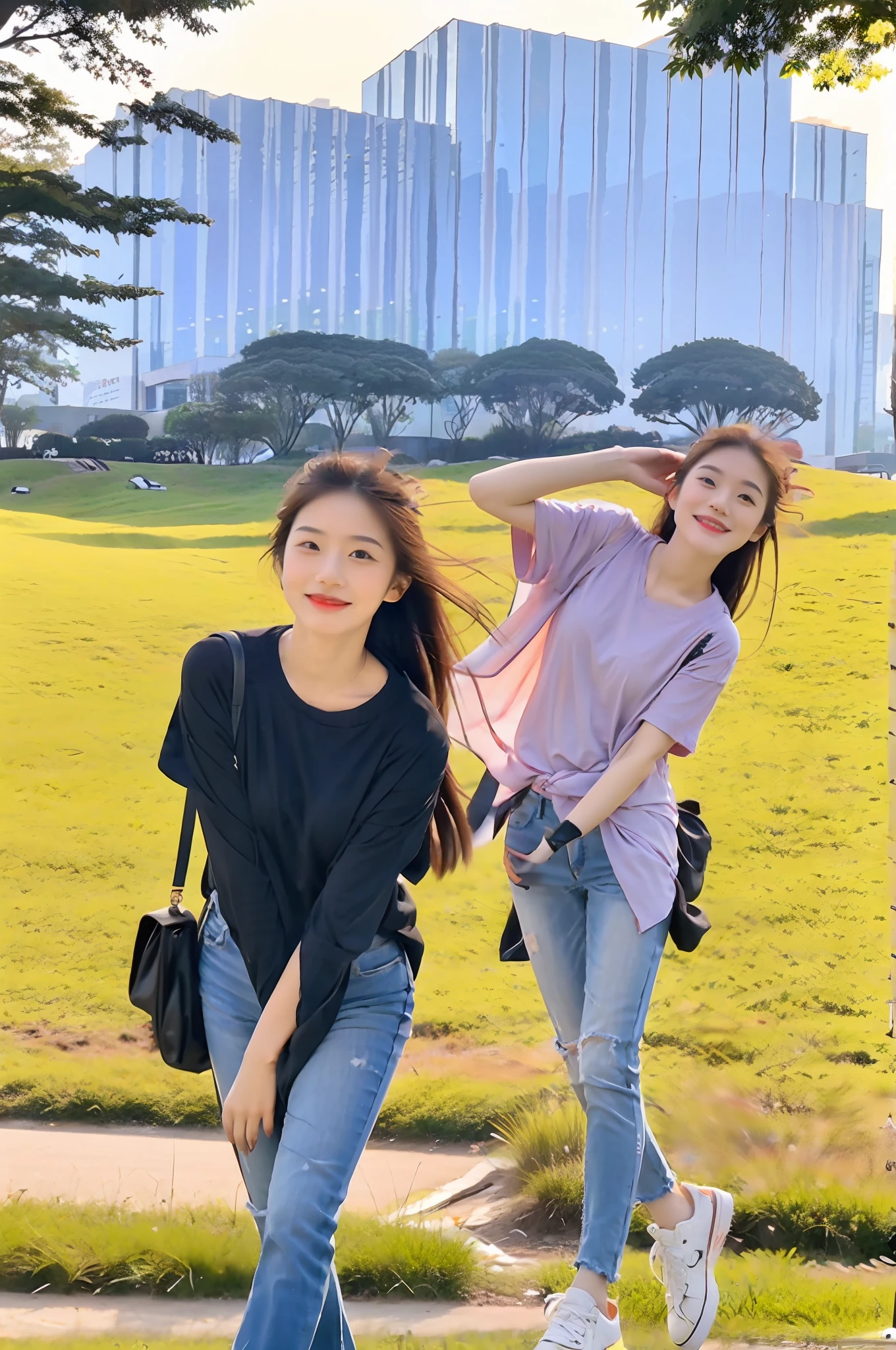 （RAW photogr，超高分辨率，tmasterpiece，best qualtiy：1.4），Complicated details，20 years old Korean girl，Wear a loose black T-shirt and skinny jeans，Stand on the grass and take pictures，Detailed meadow，A sweet smile on a small face，The face and skin are pink and fair，Ultra-realistic facial details，Playful and coquettish pose，The calves are straight and slender:1.5，Wear high-end branded colorful travel shoes:1.5，eventide，warm color，Broad lighting，naturalshadow，taking a full body photo:1.8