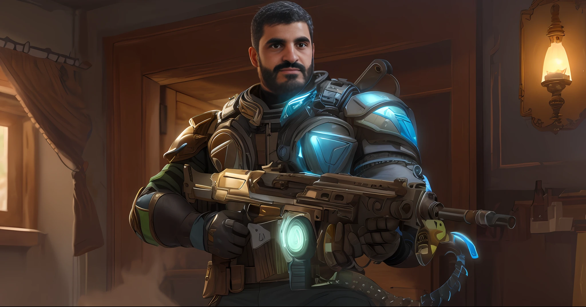 Personagem Gear segurando uma arma em um quarto escuro, olhando para a camera, olhar agressivo ( Engrenagens de guerra ), Engrenagens de guerra, Unreal5, cara de armas pesadas, arte da capa de Engrenagens de guerra