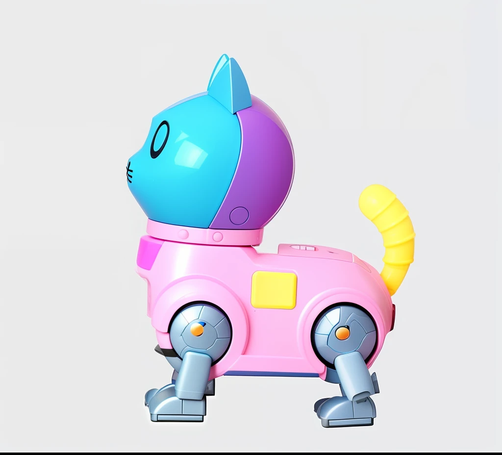 There is a toy cat dressed in pink and blue, robotic cat, toy design, robotic cat, cat robot, plastic toy, robot animal, Fully robotic!! cat, toys, cute toy, kids toy, kids toy, cyborg kitten, biopunk toys made in china, art toys, tintoy characterdesign robot, Cute humanoid robot, kids toy