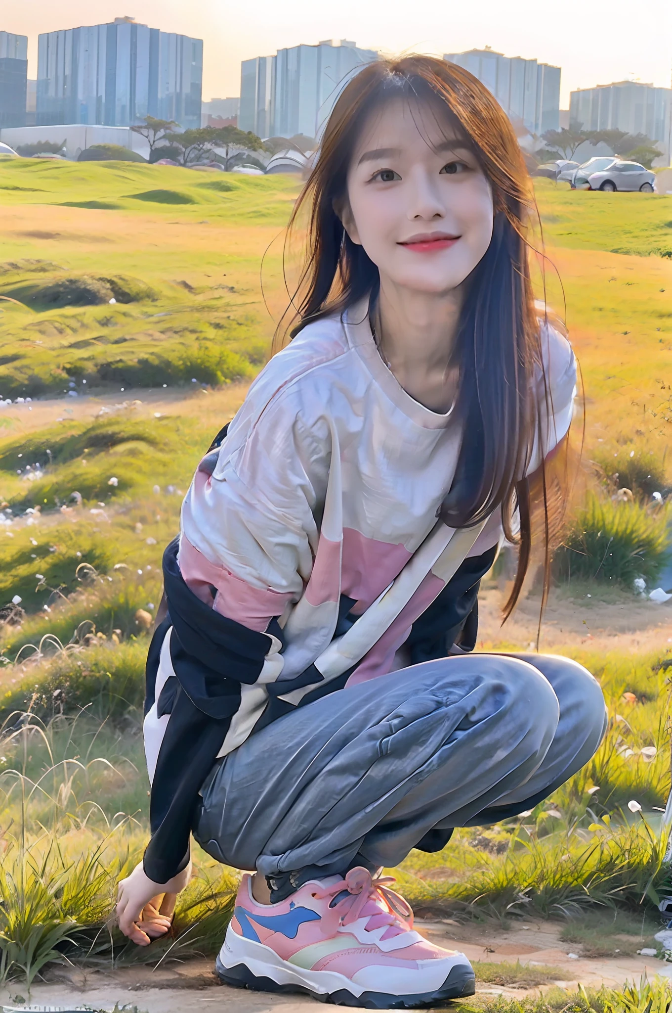 (RAW photogr,超高分辨率,tmasterpiece,best qualtiy:1.4),Complicated details,20 years old Korean girl,Wear a loose black T-shirt and skinny jeans,Stand on the grass and take pictures,Detailed meadow,A sweet smile on a small face,The face and skin are pink and fair,Ultra-realistic facial details,Playful and coquettish pose,The calves are straight and slender:1.5,Wear high-end branded colorful travel shoes:1.5,eventide,warm color,Broad lighting,naturalshadow,taking a full body photo:1.8