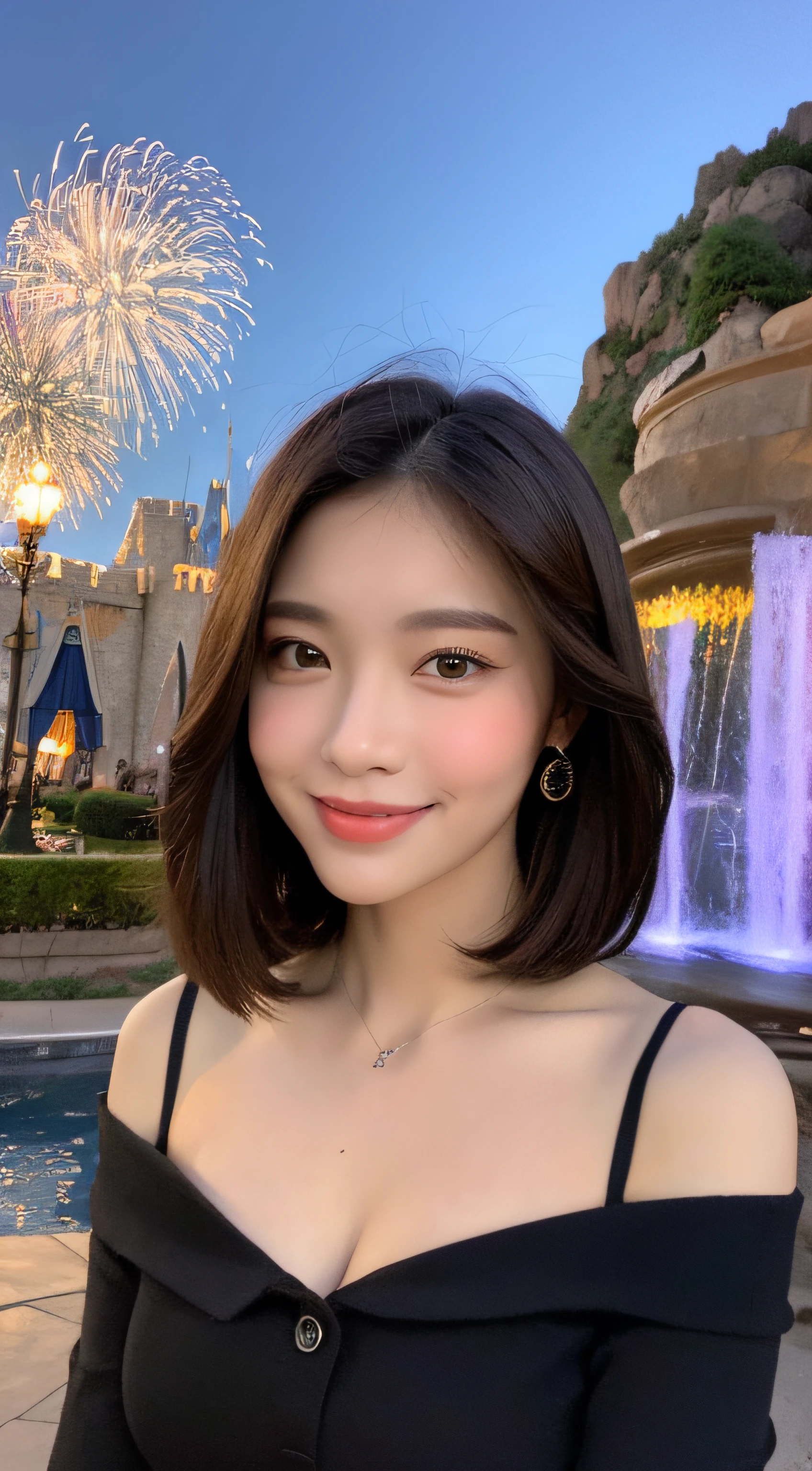 ((Night Scene, Realistic Light, Best Quality, 8k, Masterpiece: 1.3)), 1 Girl, Slim Body Beauty: 1.4, Brown Hair, (Big: 1.3), Off Shoulder Cut Top: 1.3, Ultra Detailed Face, Detailed Eyes, Double Eyelids, Disneyland, Fountain, Castle, Fireworks, Smile, Cleavage, Saggy