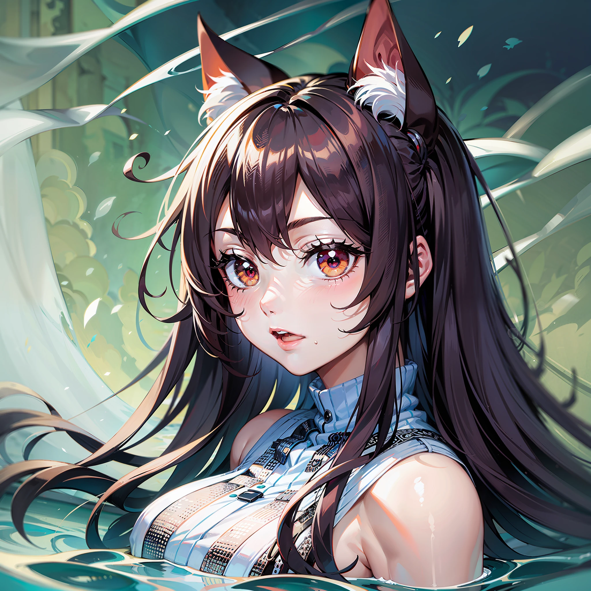 （tmasterpiece，best qualtiy）cat ear，Red eyeballs，with a round face，brunette color hair，is shy，Floating in the sea，White jumpsuit，Bust photo。