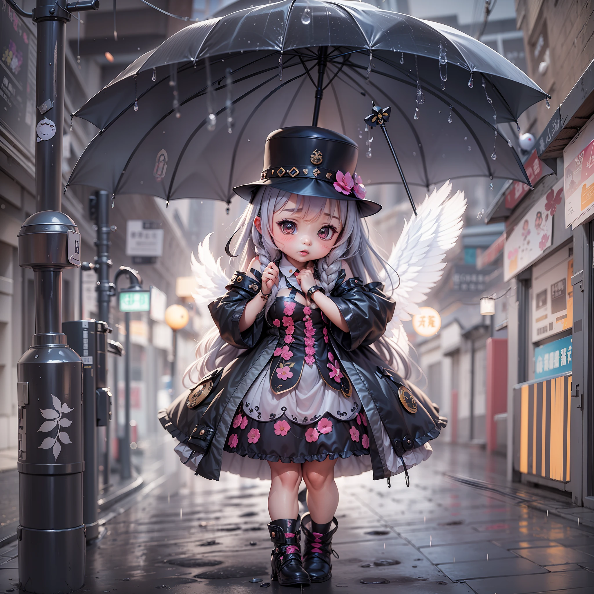 On the streets where it rained heavily，A loli in a hat and dress，There are 2 wings behind him，Lori huge breasts cleavage，kawaii，Inspired by Lyckey，Chibi Art，inspired by Tawaraya Sōtatsu，Inspired by Yundu Snow，inspired by Wang Lü