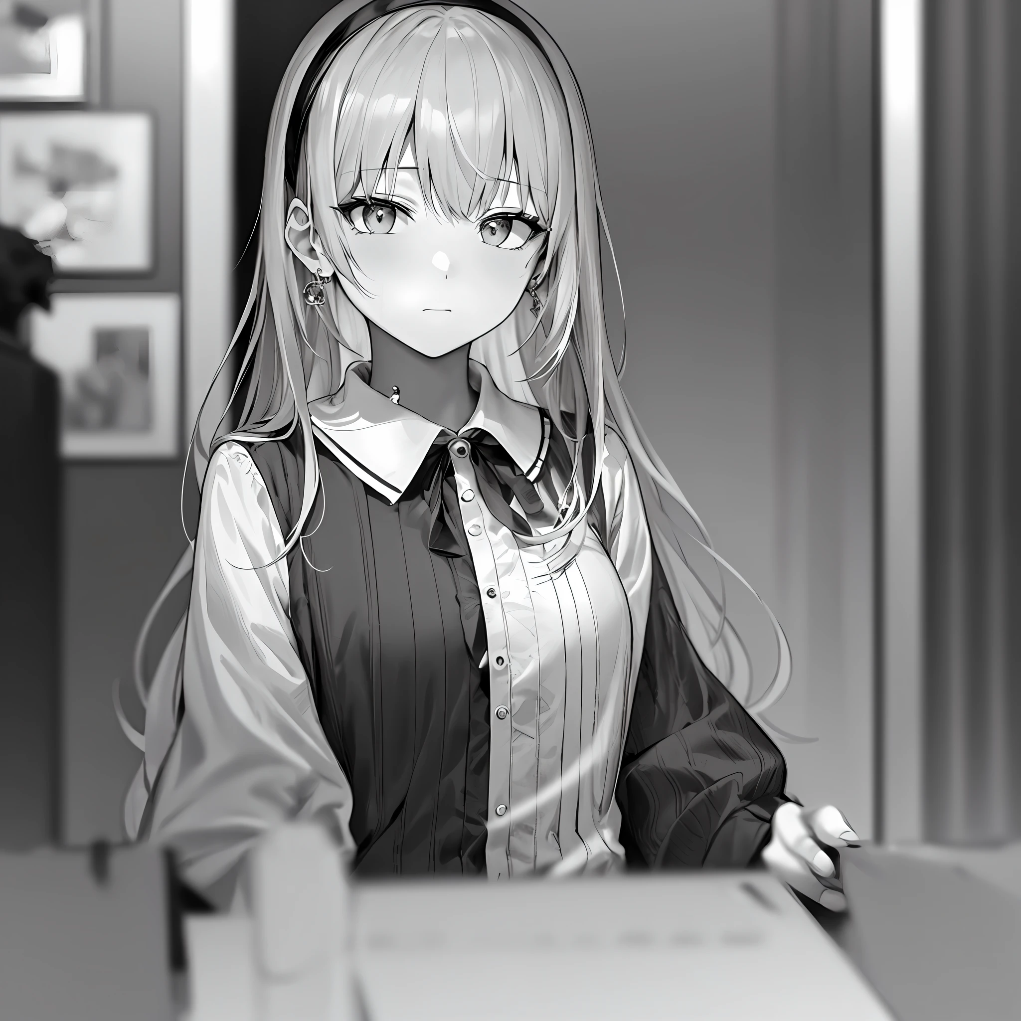 (masterpiece), (best quality),1girl, artist_name, bangs, blurry, blurry_background, bokeh, closed_mouth, collared_shirt, depth_of_field, earrings, grey_eyes, hairband, jewelry, long_hair, looking_at_viewer, smoke, solo, wing_collar,monochrome, lineart