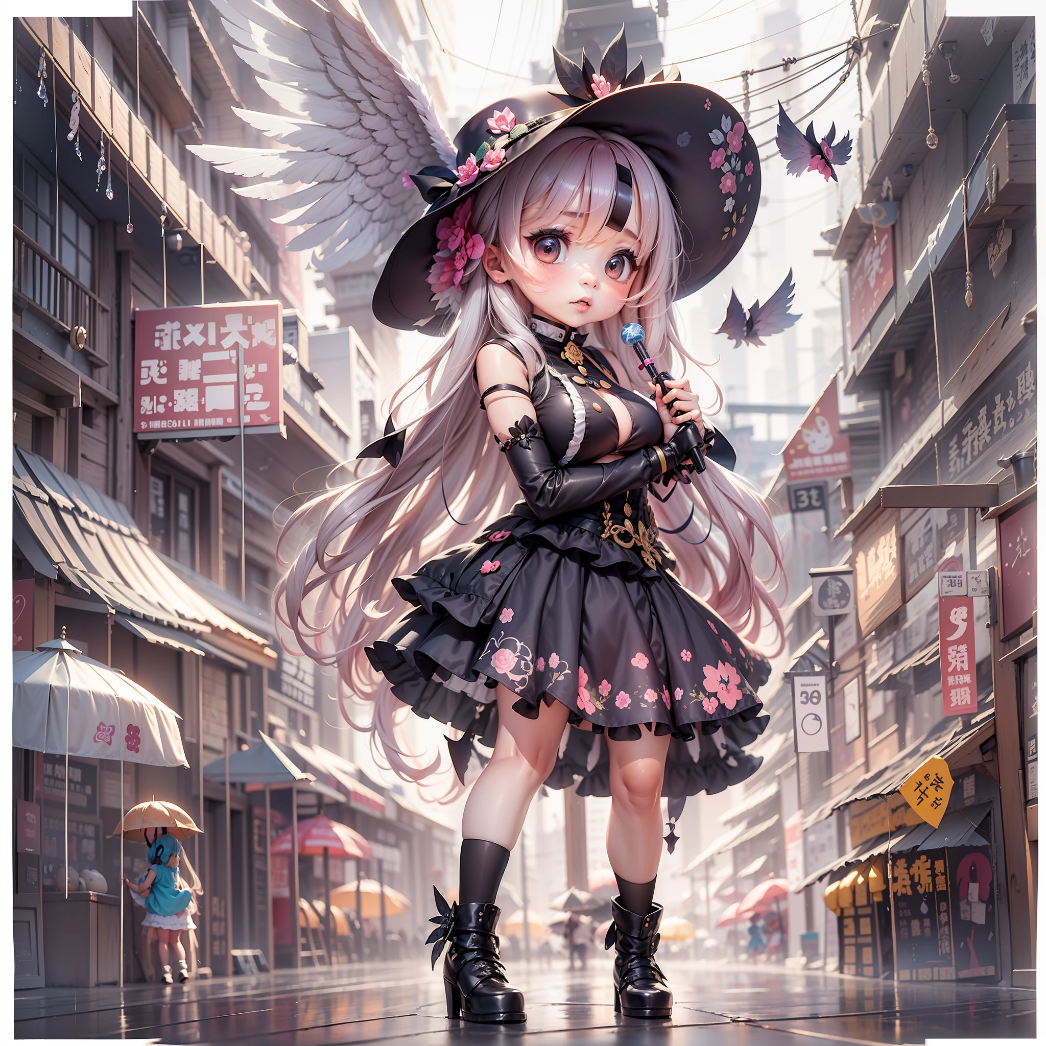 On the streets where it rained heavily，A  in a hat and dress，There are 2 wings behind him，Lori huge breasts cleavage，kawaii，Inspired by Lyckey，Chibi Art，inspired by Tawaraya Sōtatsu，Inspired by Yundu Snow，inspired by Wang Lü